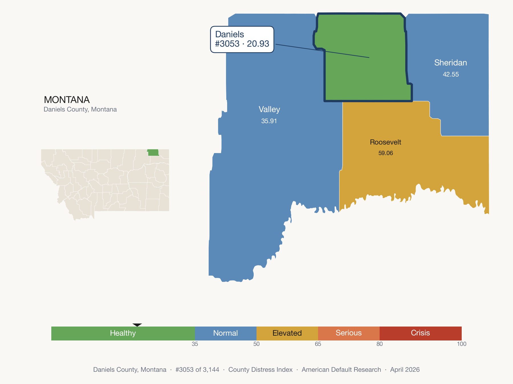 County Distress Index cluster map. Daniels County, Montana and its neighbors colored by distress zone.