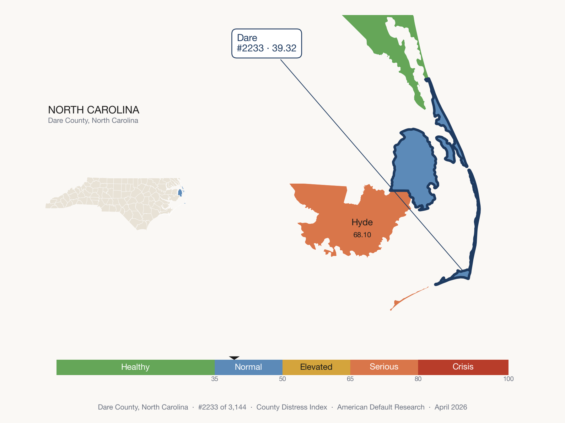 County Distress Index cluster map. Dare County, North Carolina and its neighbors colored by distress fifth.