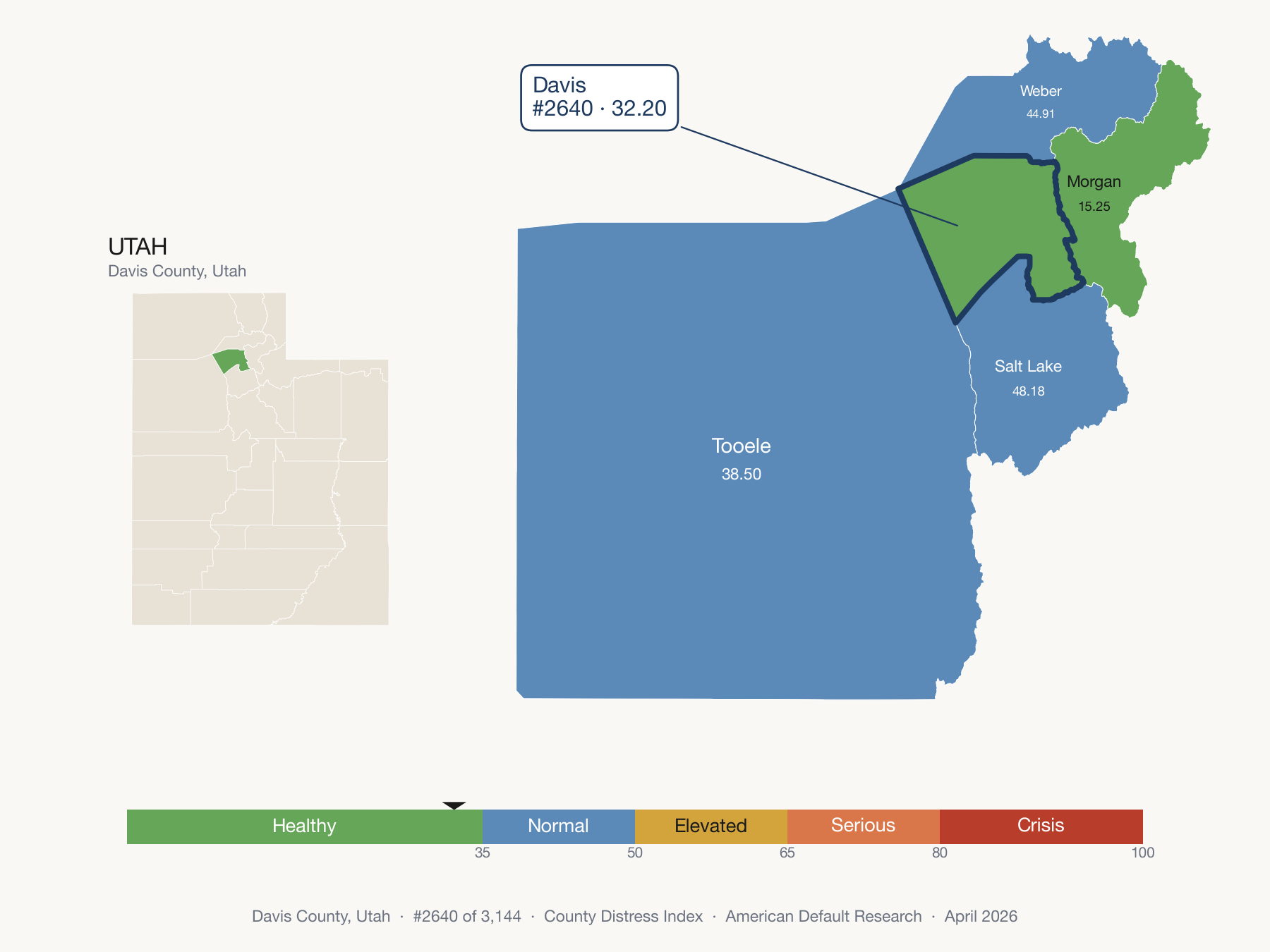 County Distress Index cluster map. Davis County, Utah and its neighbors colored by distress fifth.