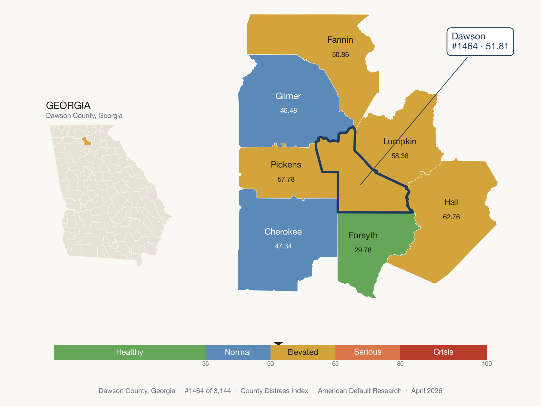 County Distress Index cluster map. Dawson County, Georgia and its neighbors colored by distress zone.