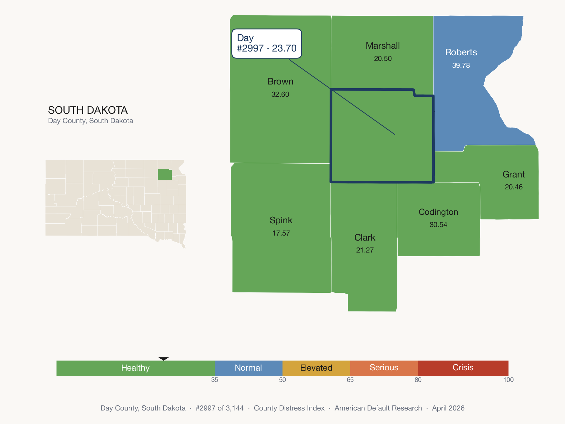 County Distress Index cluster map. Day County, South Dakota and its neighbors colored by distress zone.