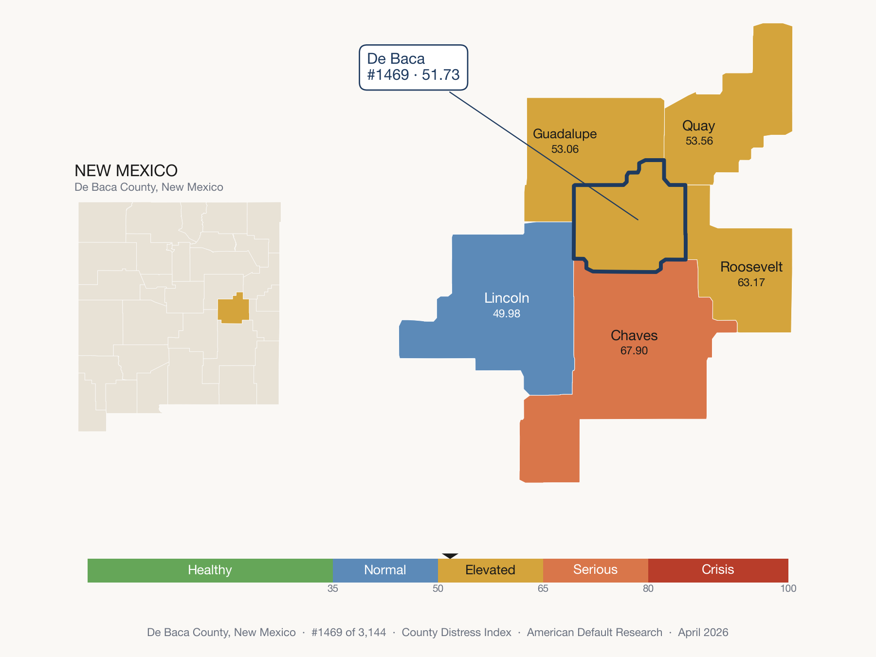 County Distress Index cluster map. De Baca County, New Mexico and its neighbors colored by distress zone.