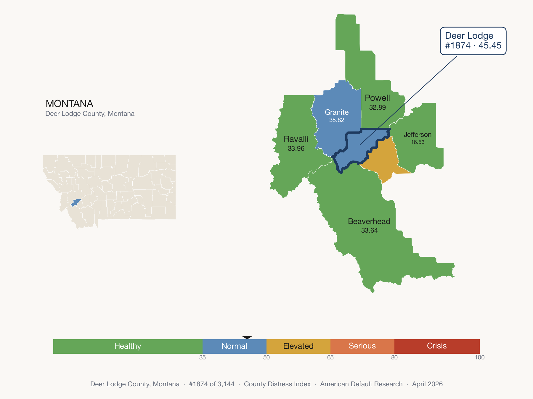 County Distress Index cluster map. Deer Lodge County, Montana and its neighbors colored by distress fifth.