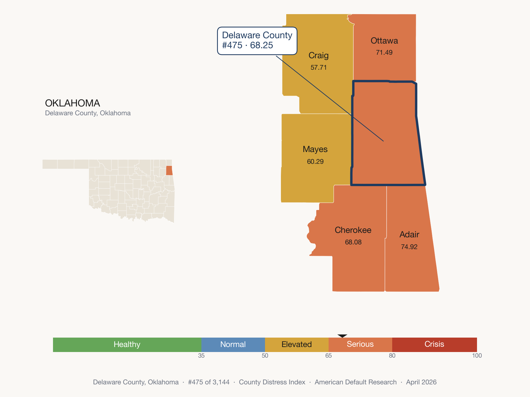 County Distress Index cluster map. Delaware County, Oklahoma and its neighbors colored by distress fifth.