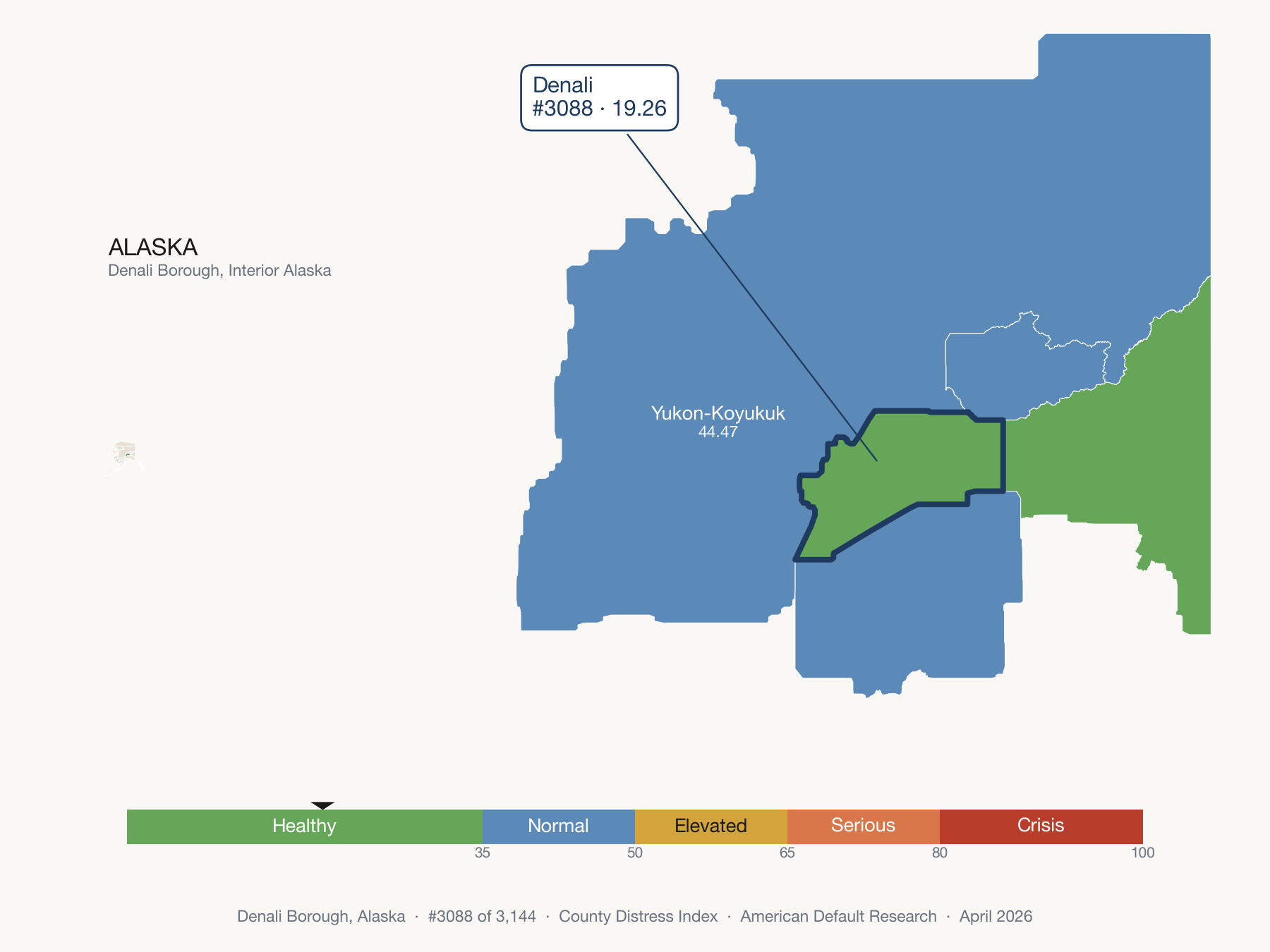 County Distress Index cluster map. Denali Borough, Alaska and its neighbors colored by distress zone.