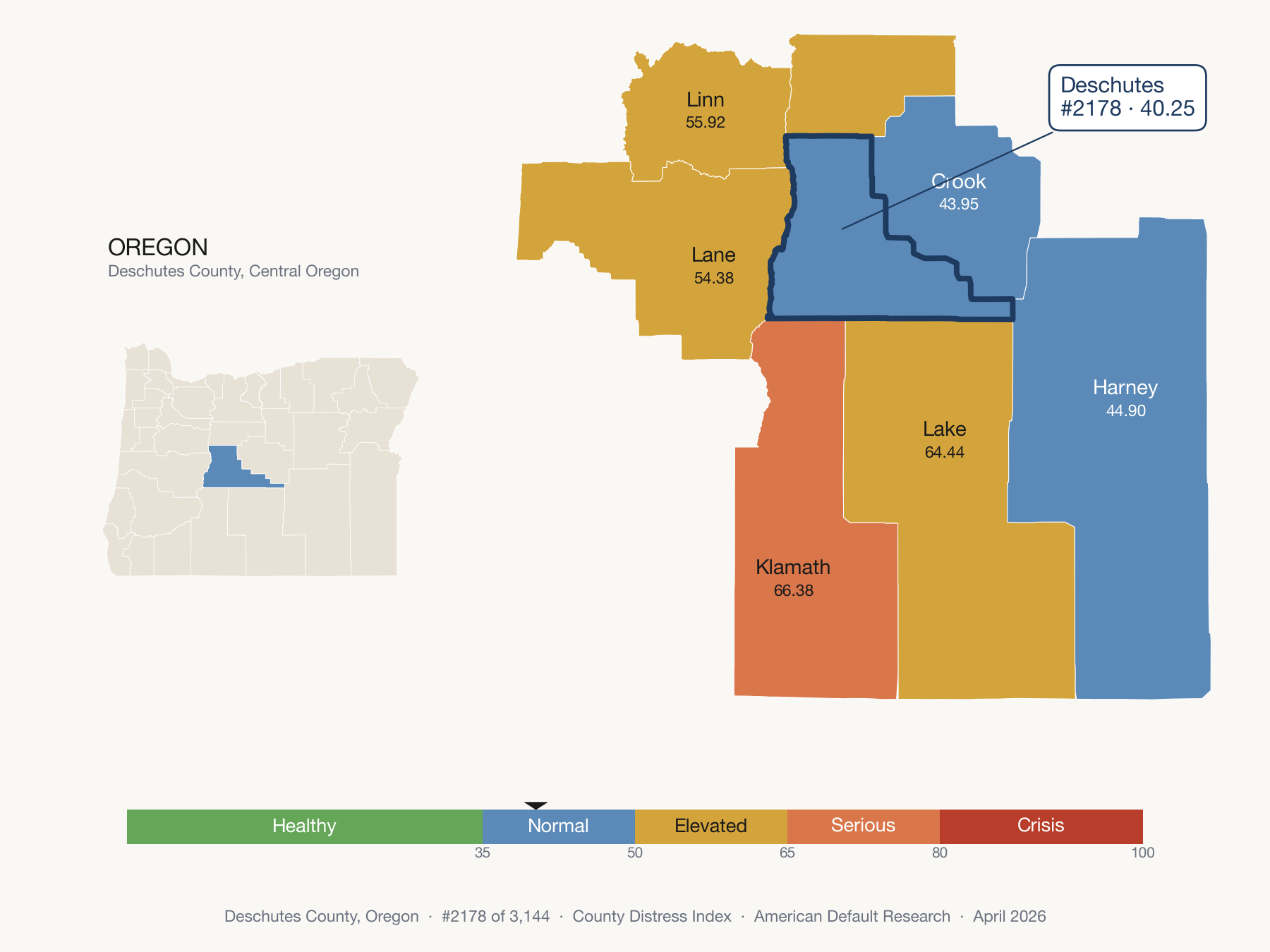 County Distress Index cluster map. Deschutes County, Oregon and its neighbors colored by distress fifth.