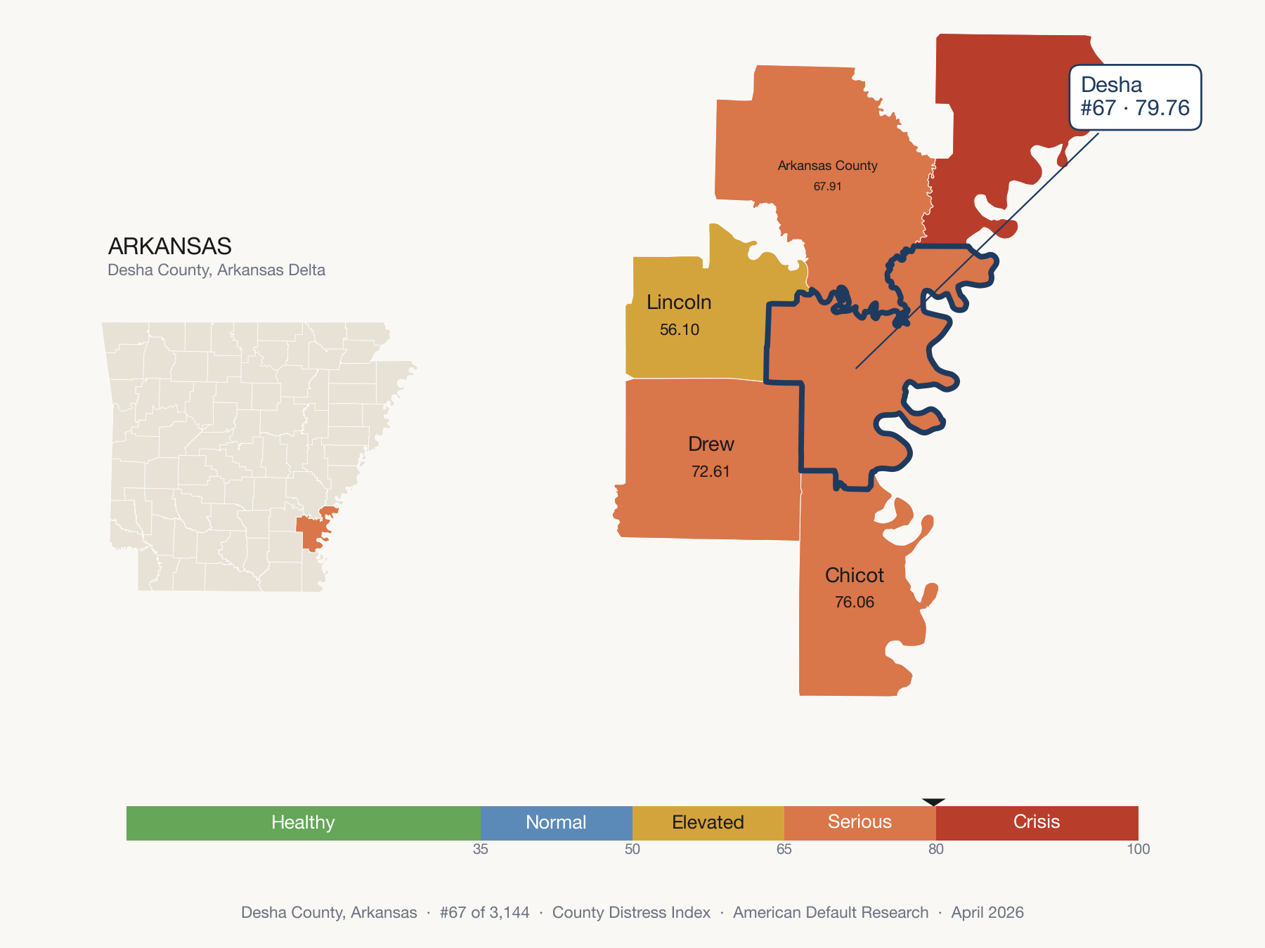 County Distress Index cluster map. Desha County, Arkansas and its neighbors colored by distress fifth.