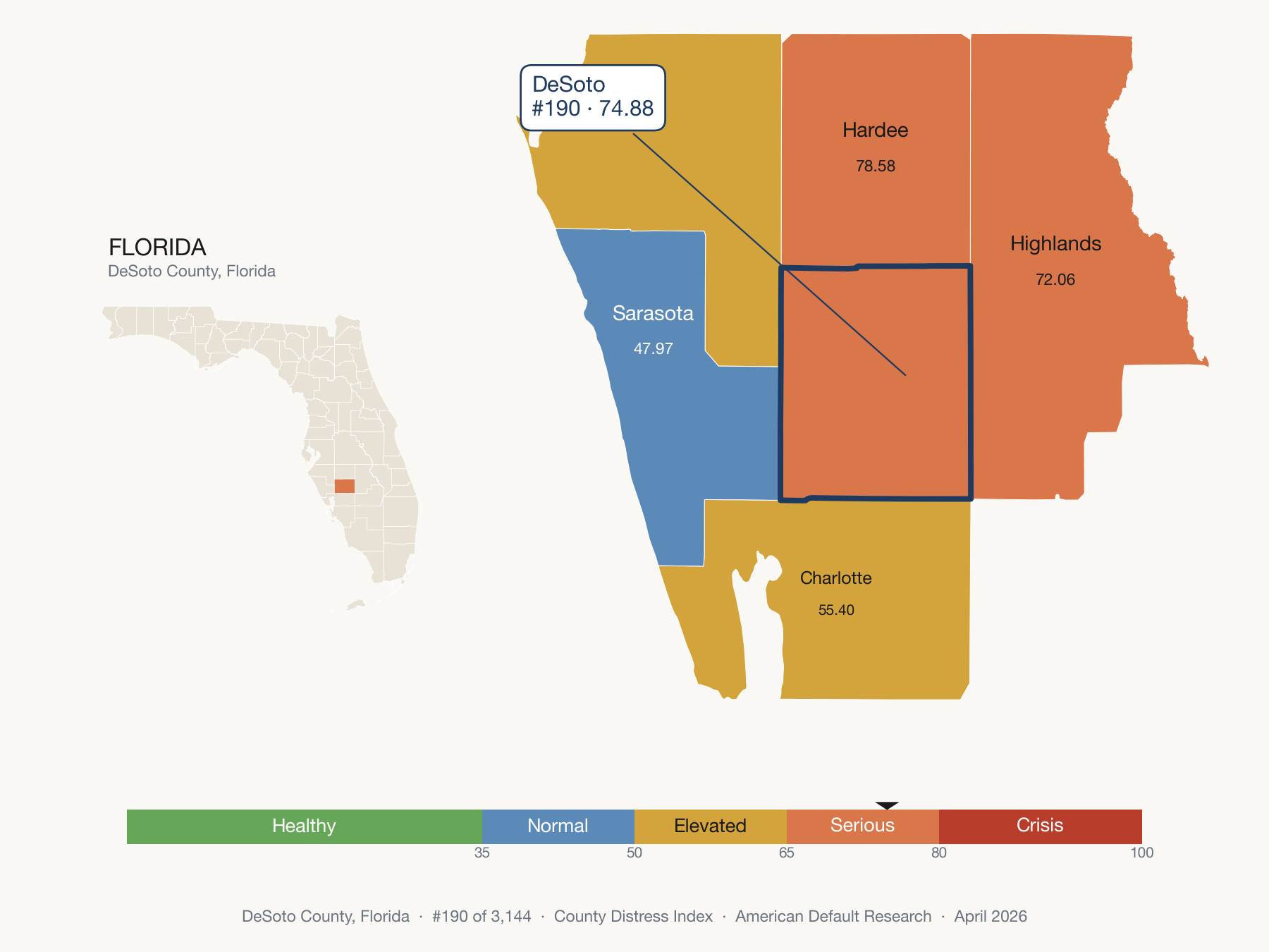 County Distress Index cluster map. DeSoto County, Florida and its neighbors colored by distress zone.