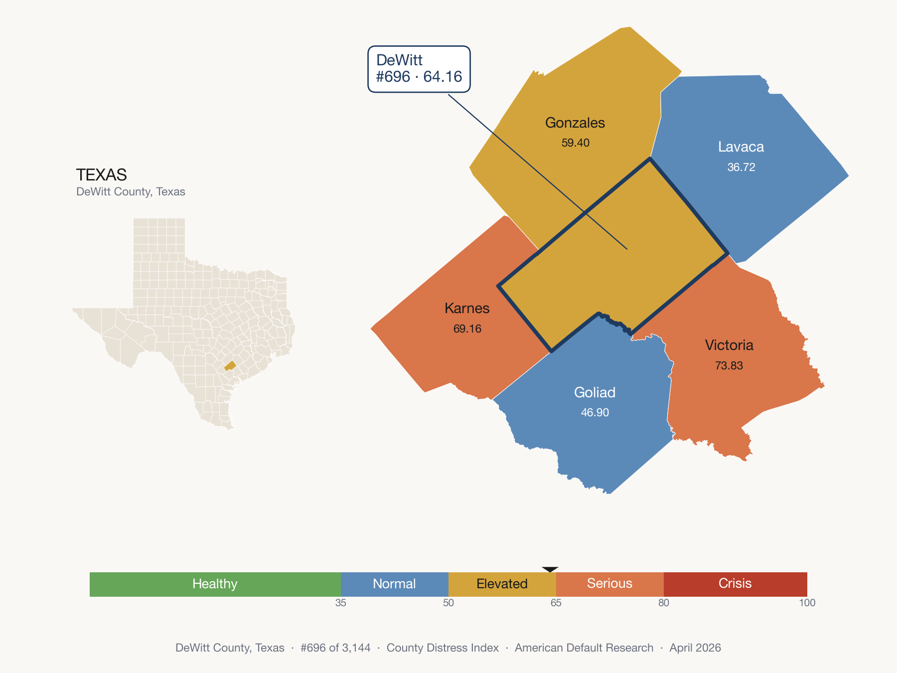 County Distress Index cluster map. DeWitt County, Texas and its neighbors colored by distress fifth.