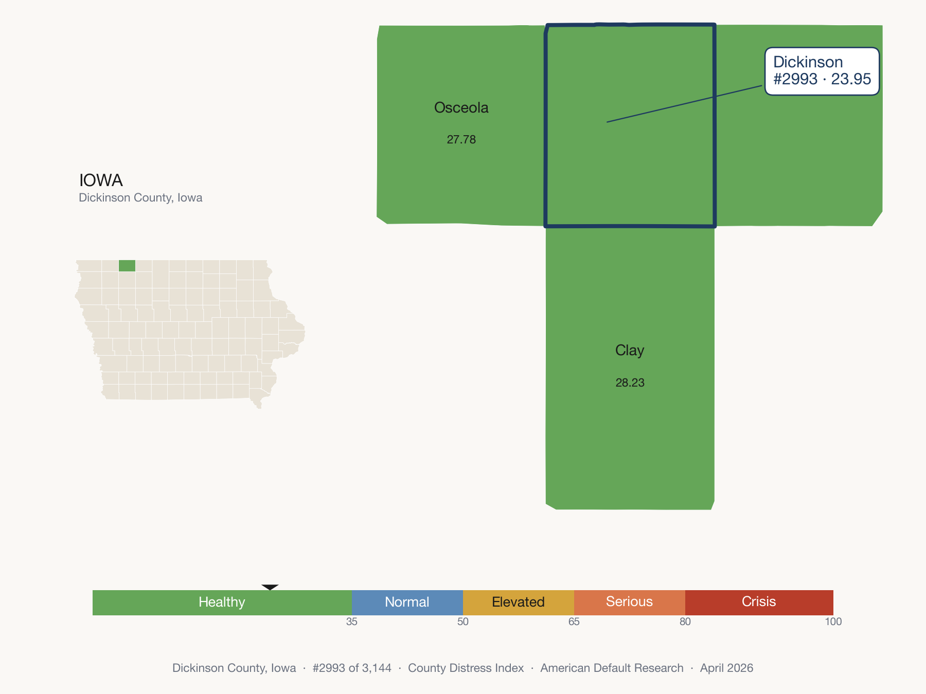 County Distress Index cluster map. Dickinson County, Iowa and its neighbors colored by distress zone.