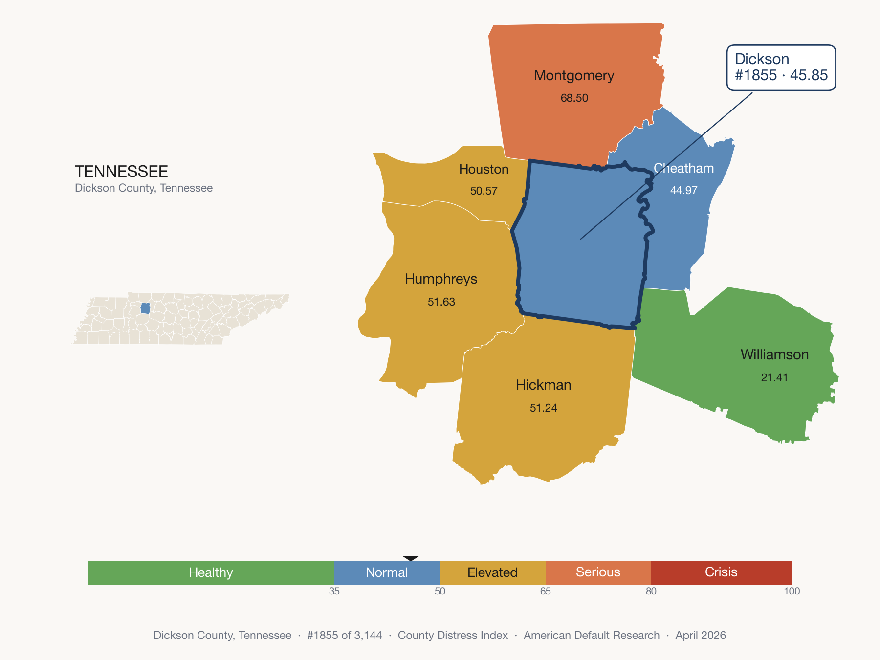 County Distress Index cluster map. Dickson County, Tennessee and its neighbors colored by distress fifth.