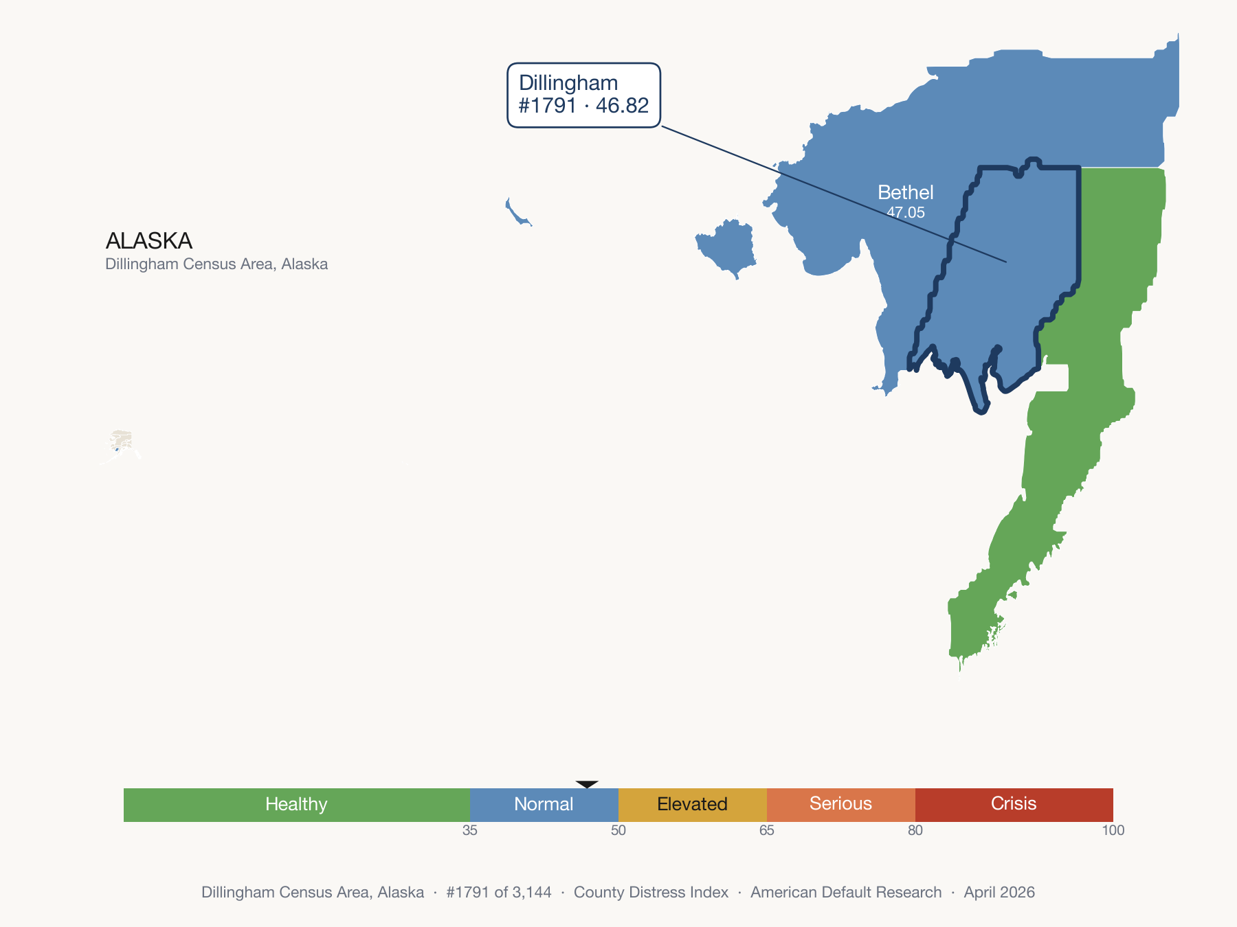 County Distress Index cluster map. Dillingham Census Area, Alaska and its neighbors colored by distress fifth.