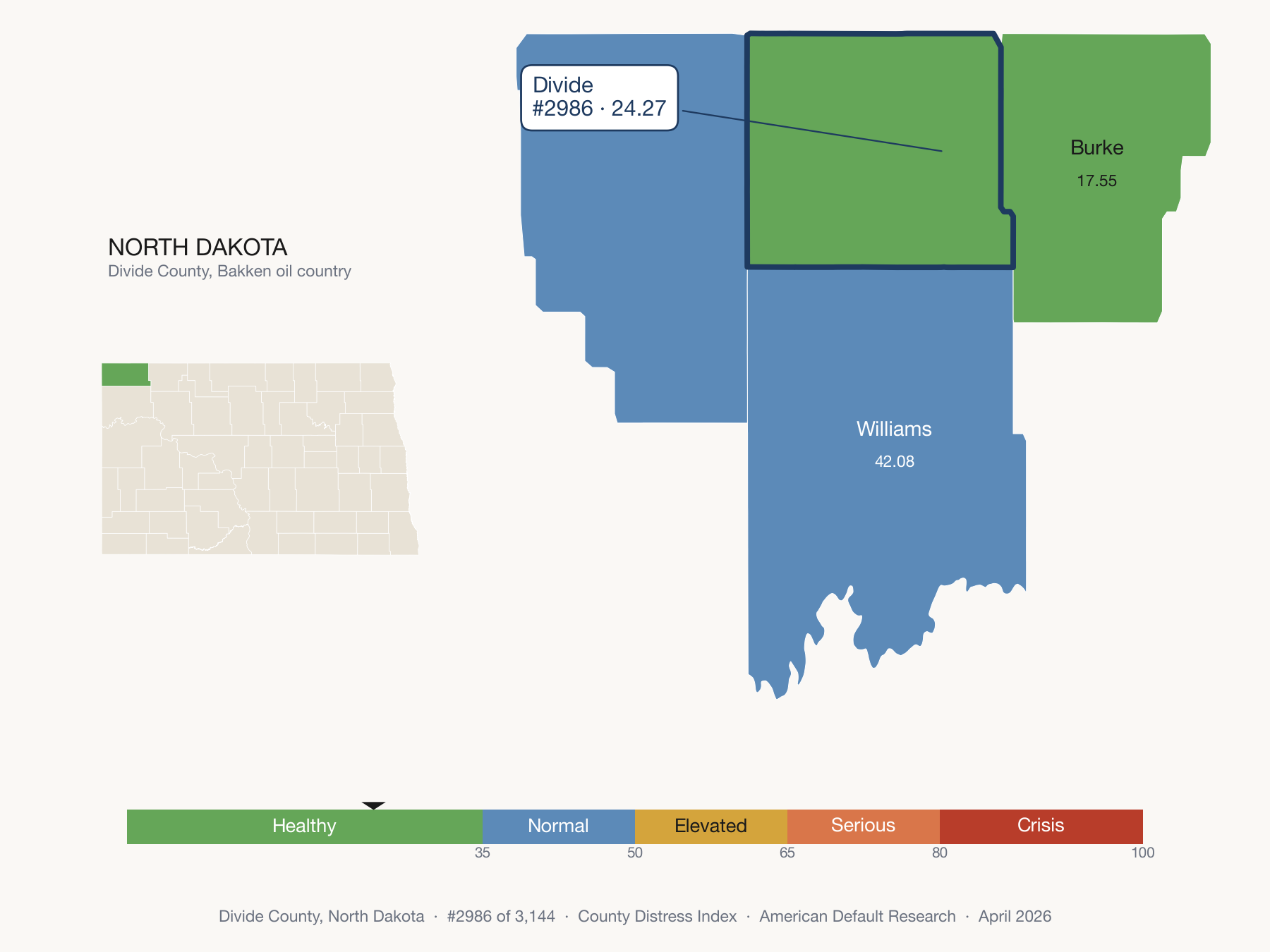 County Distress Index cluster map. Divide County, North Dakota and its neighbors colored by distress zone.