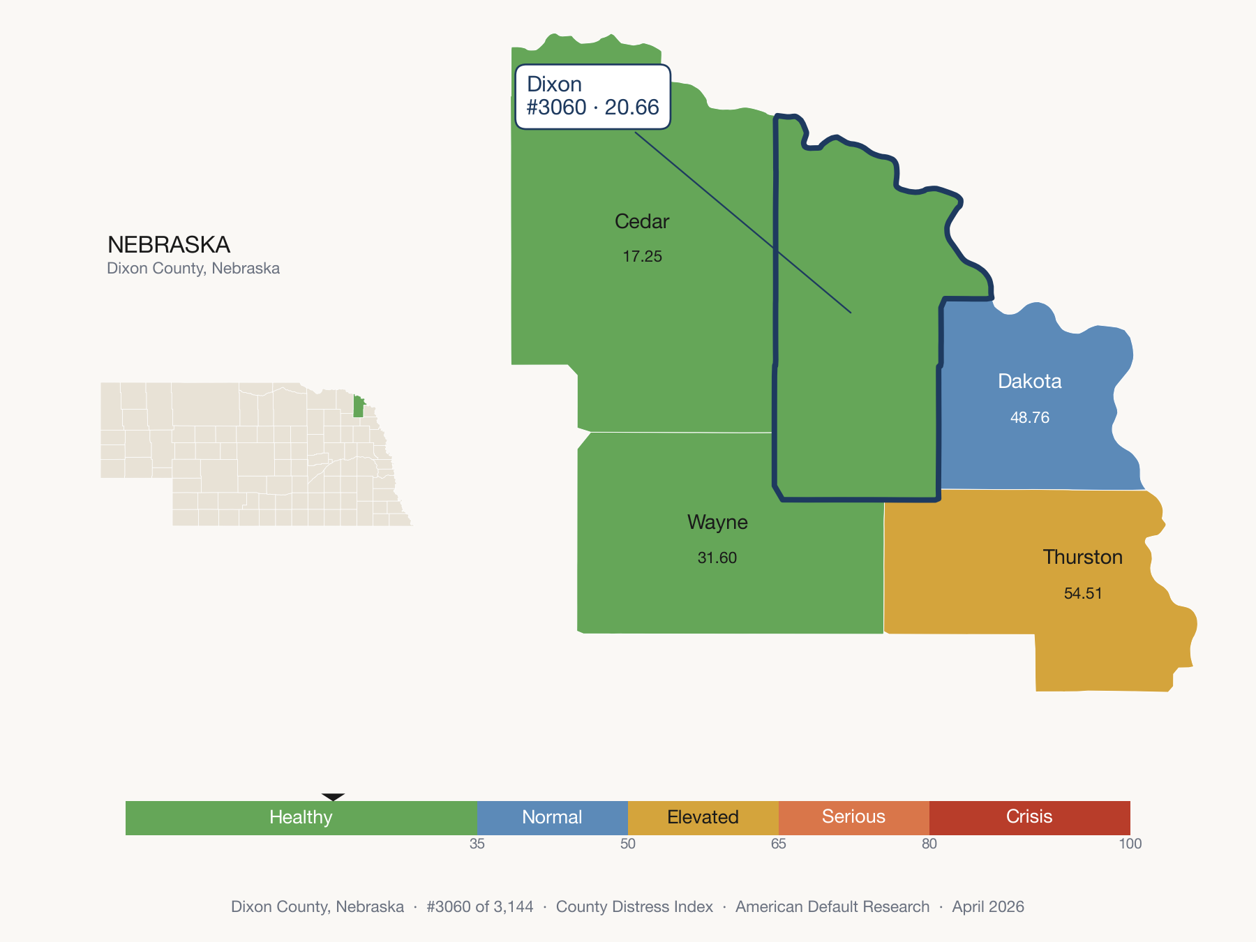 County Distress Index cluster map. Dixon County, Nebraska and its neighbors colored by distress zone.