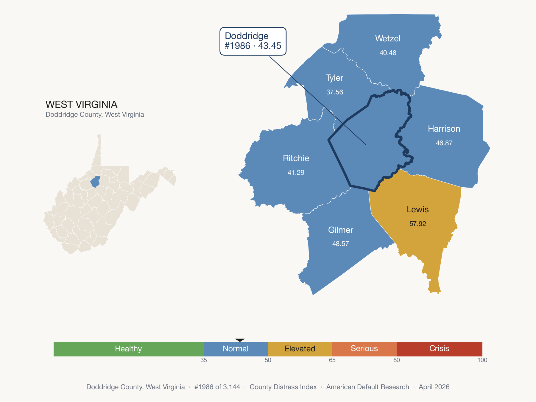 County Distress Index cluster map. Doddridge County, West Virginia and its neighbors colored by distress fifth.