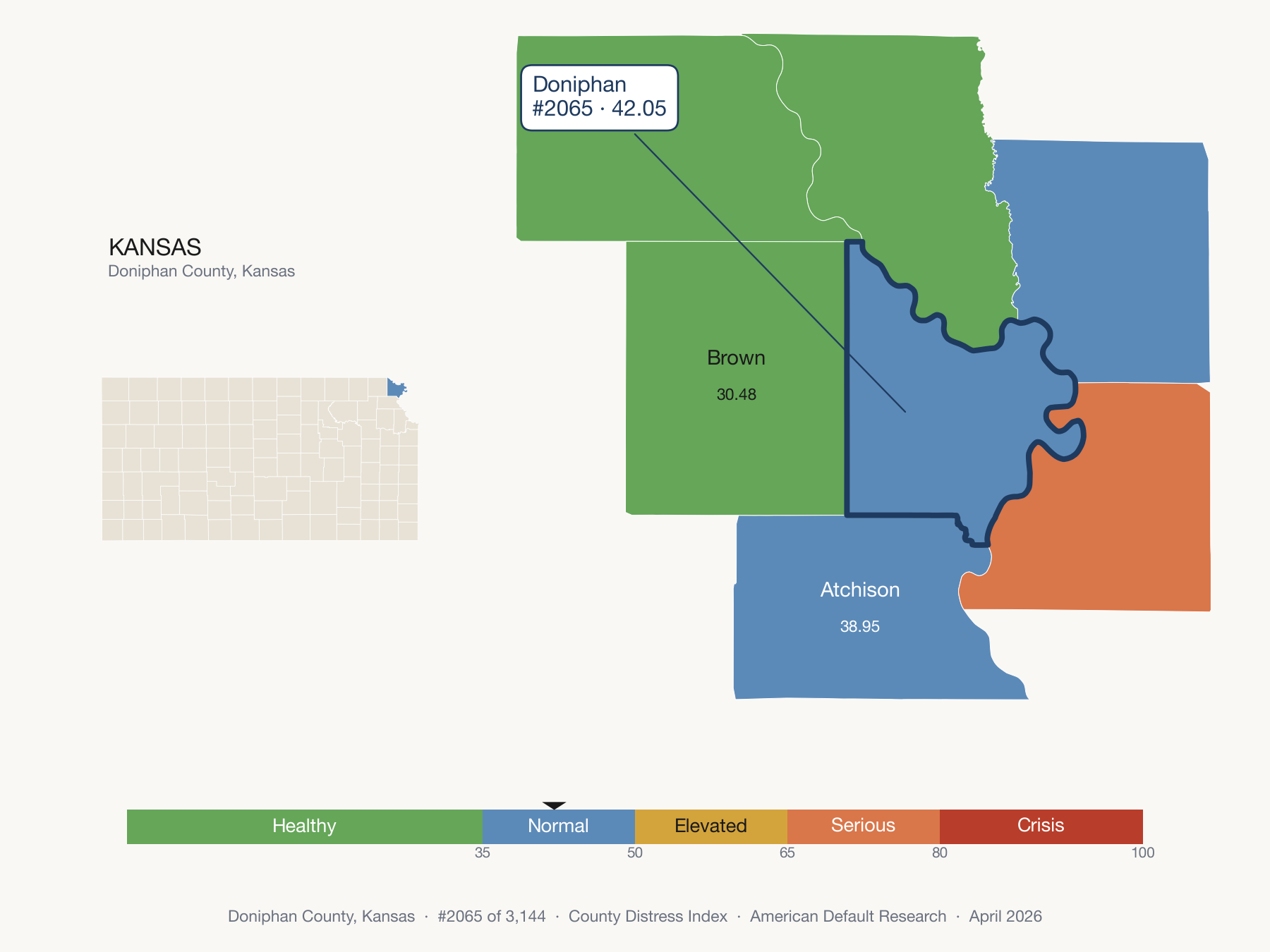 County Distress Index cluster map. Doniphan County, Kansas and its neighbors colored by distress zone.
