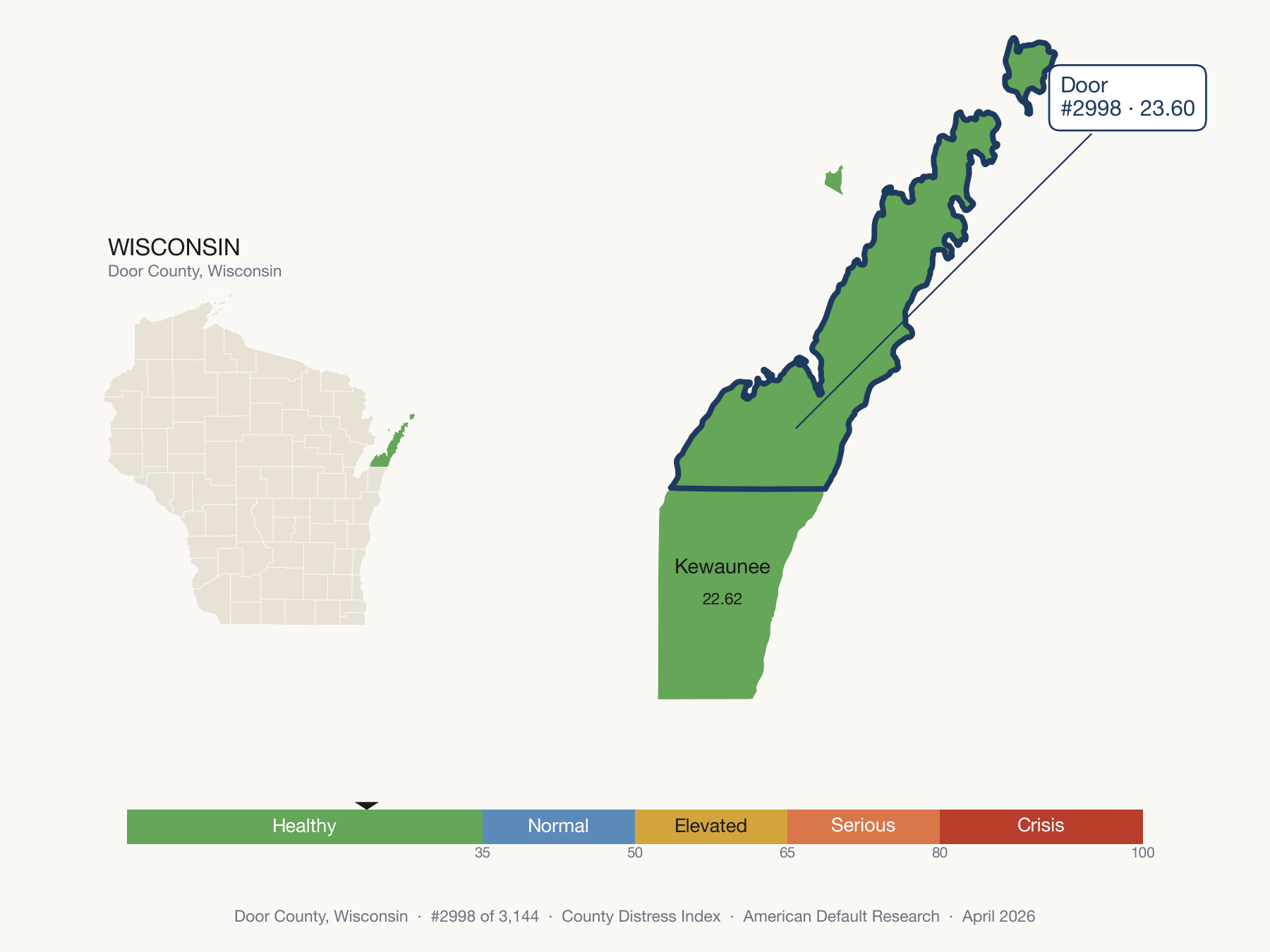 County Distress Index cluster map. Door County, Wisconsin and its neighbors colored by distress zone.