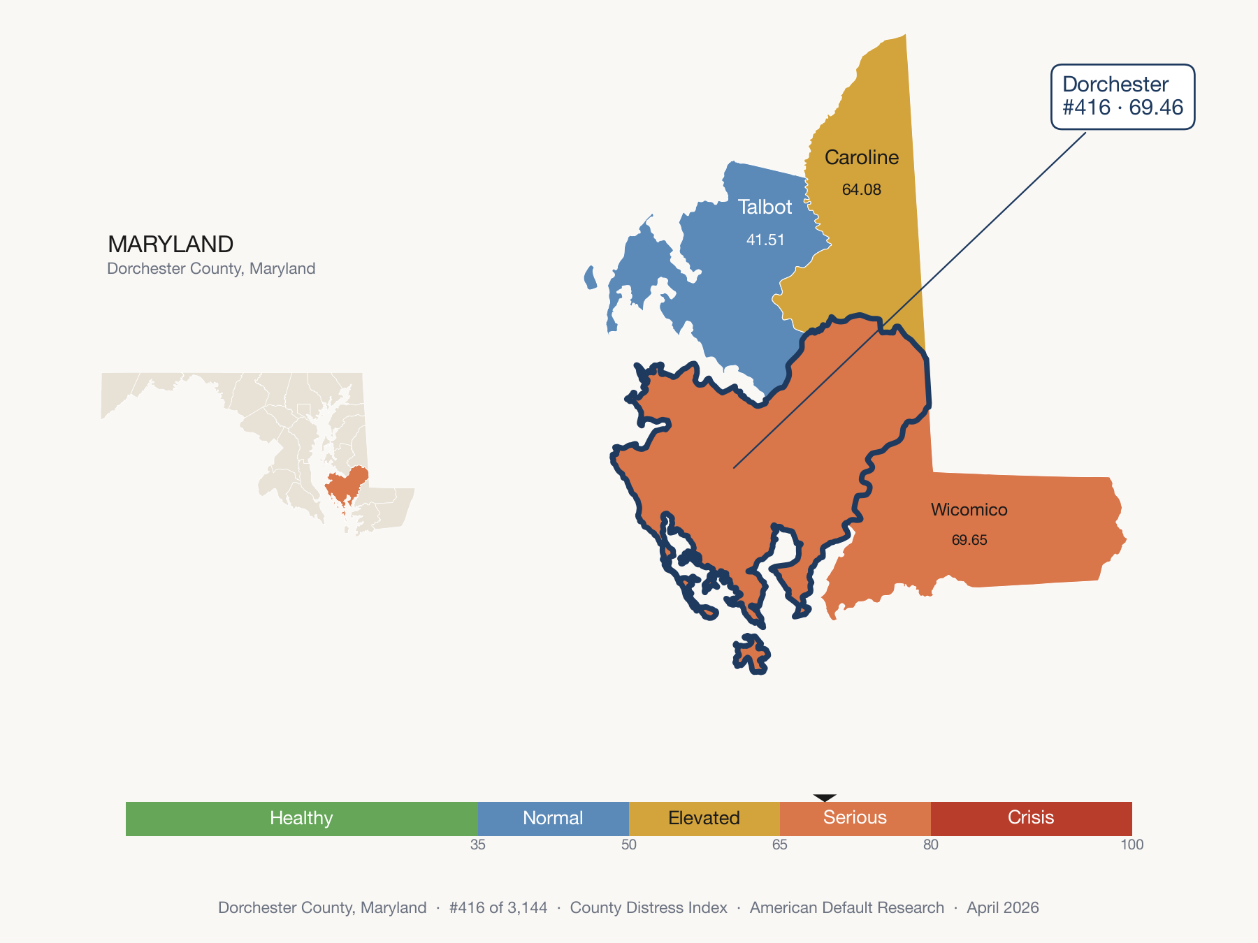 County Distress Index cluster map. Dorchester County, Maryland and its neighbors colored by distress fifth.