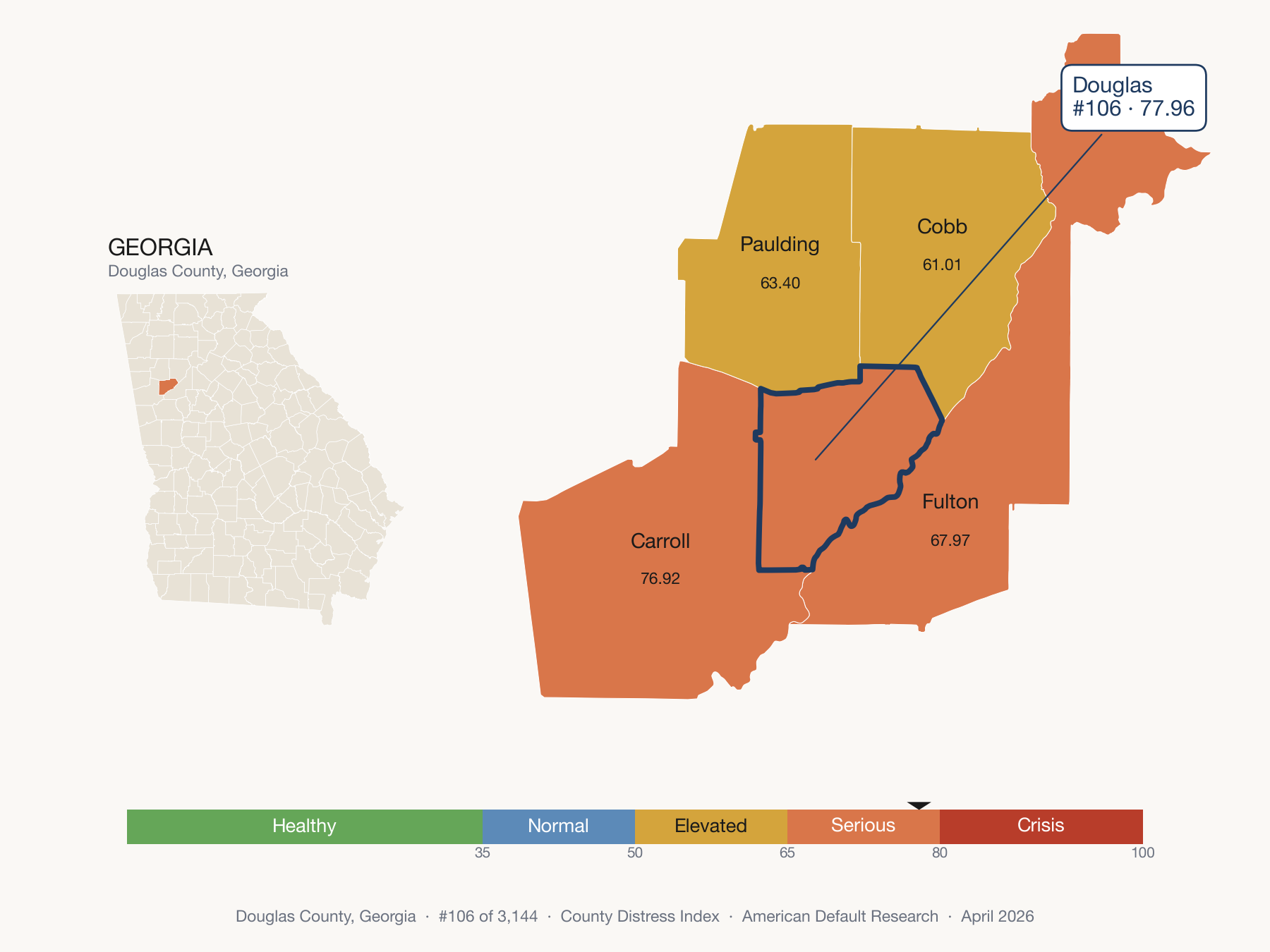 County Distress Index cluster map. Douglas County, Georgia and its neighbors colored by distress fifth.