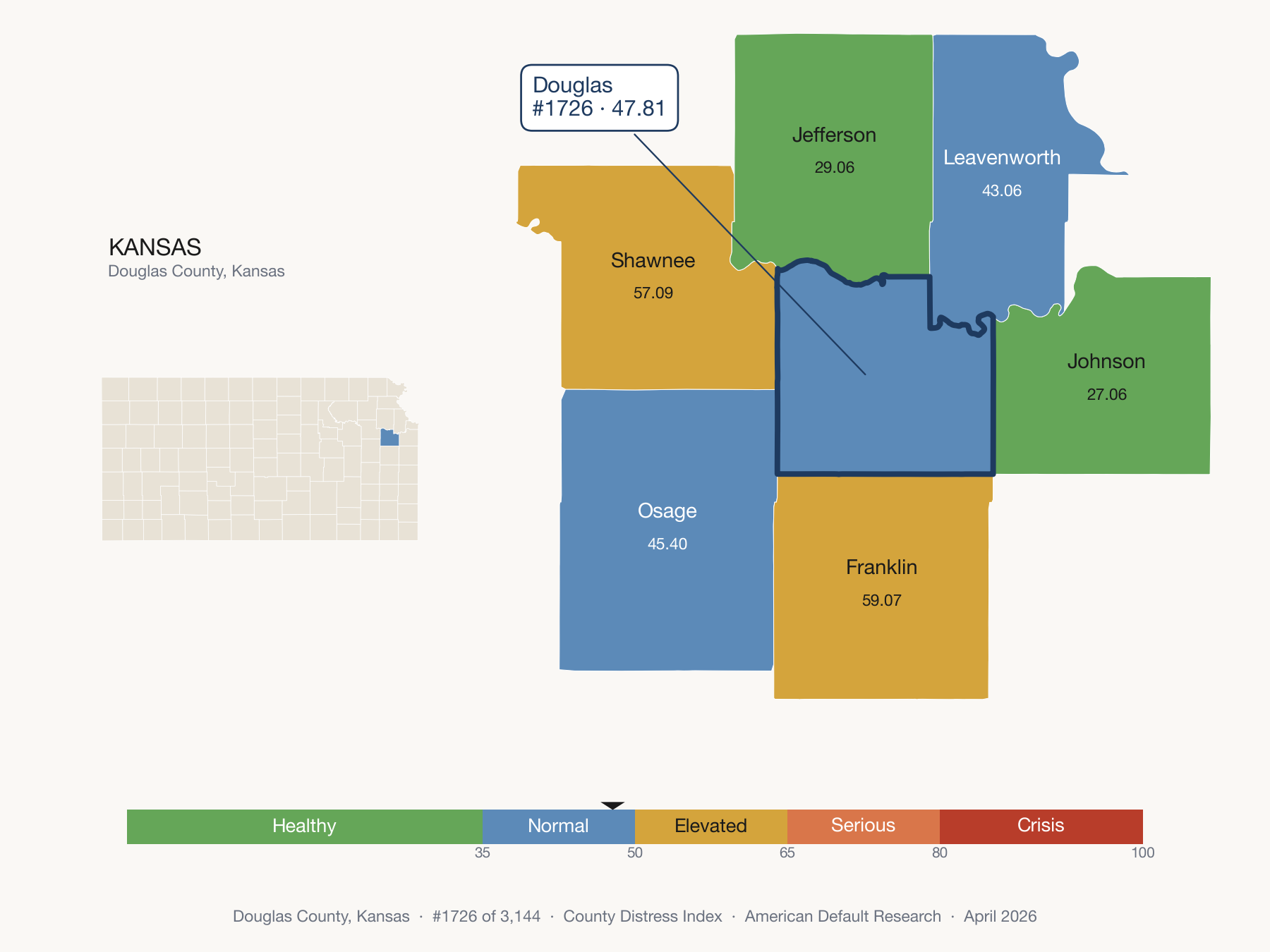 County Distress Index cluster map. Douglas County, Kansas and its neighbors colored by distress fifth.