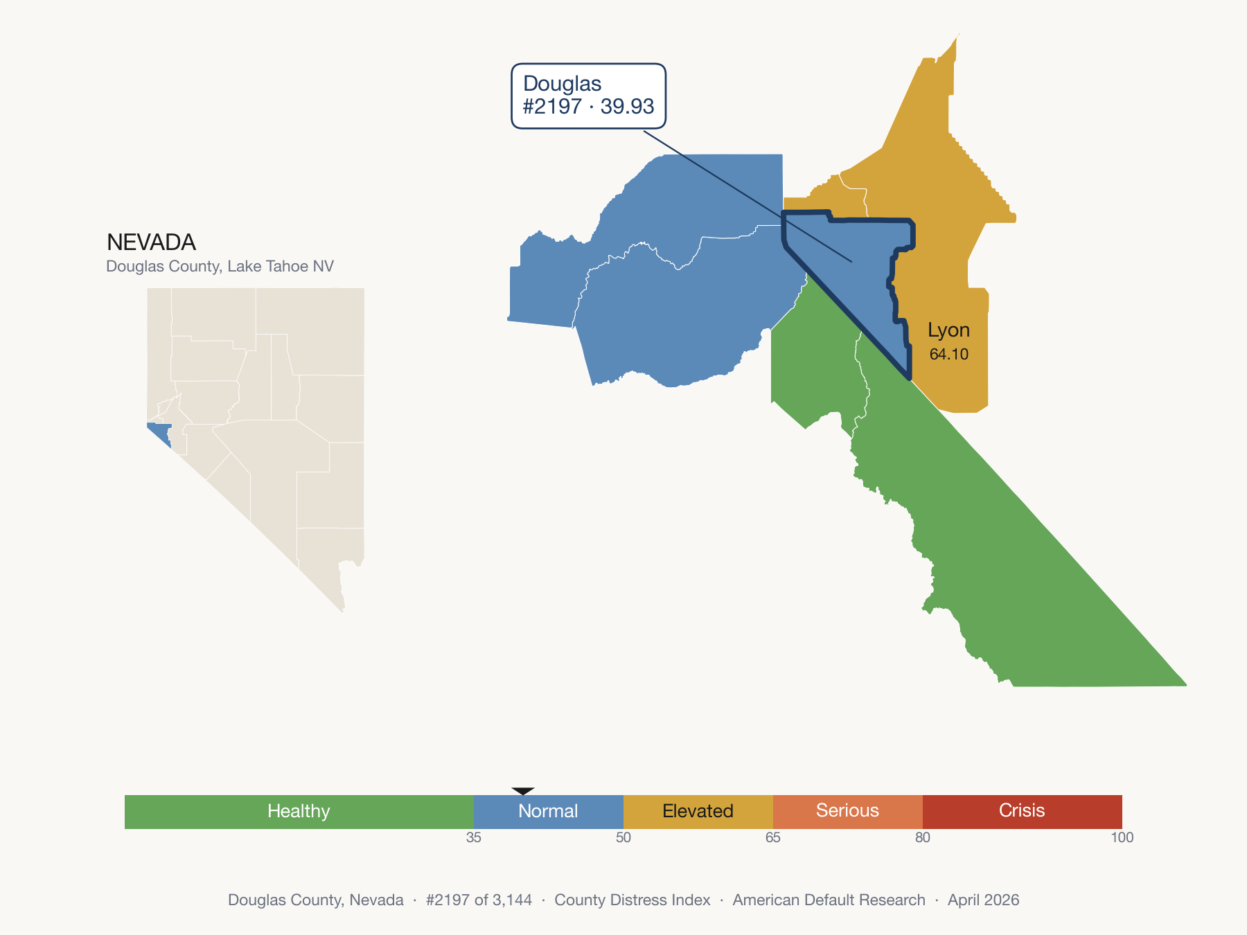County Distress Index cluster map. Douglas County, Nevada and its neighbors colored by distress fifth.
