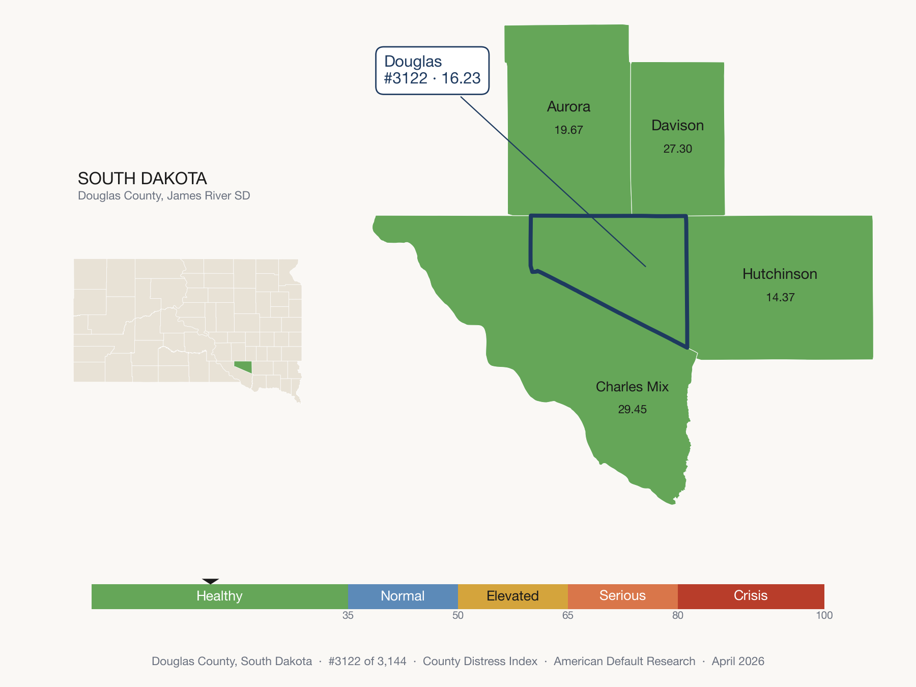 County Distress Index cluster map. Douglas County, South Dakota and its neighbors colored by distress zone.