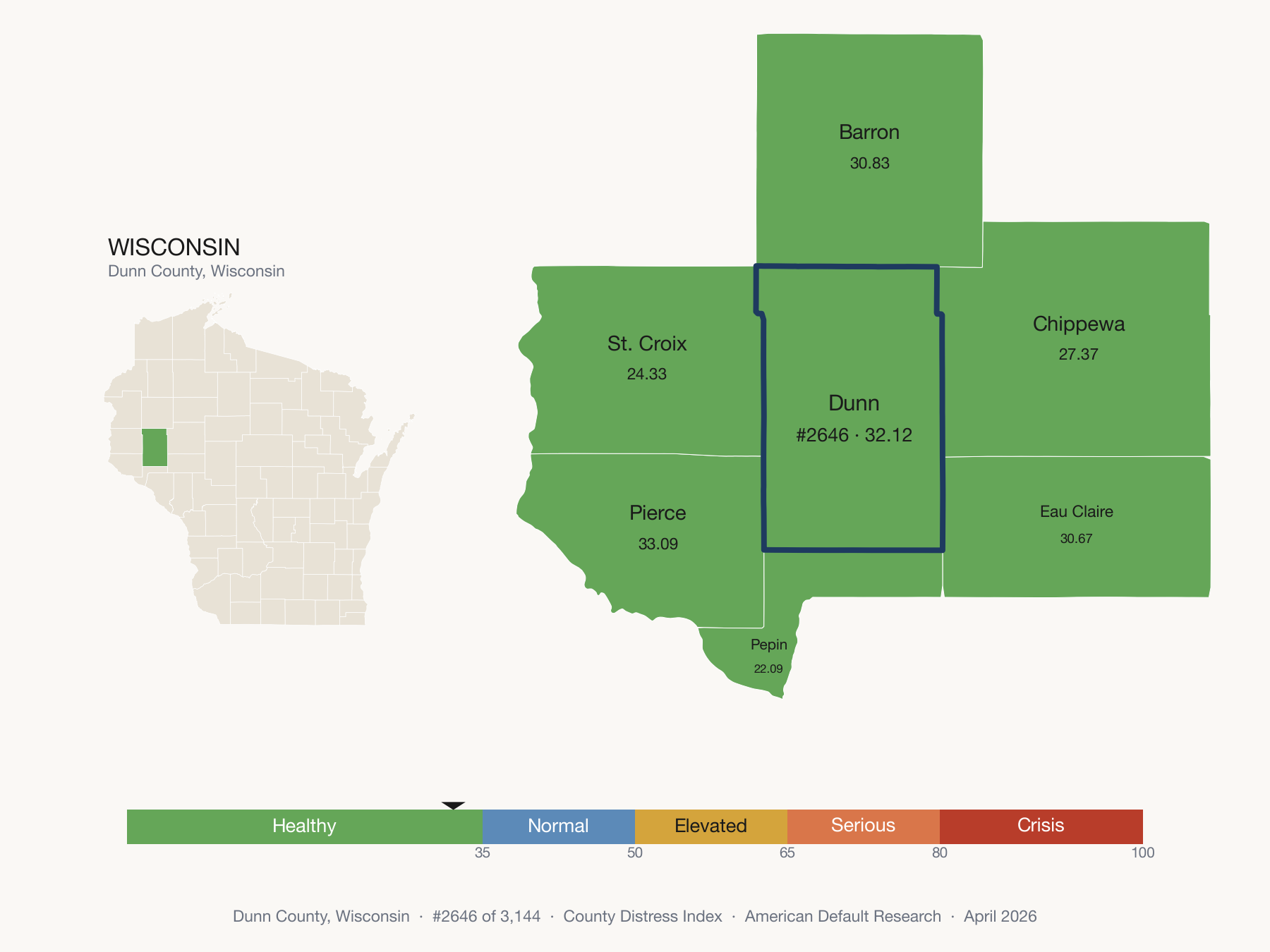 County Distress Index cluster map. Dunn County, Wisconsin and its neighbors colored by distress zone.