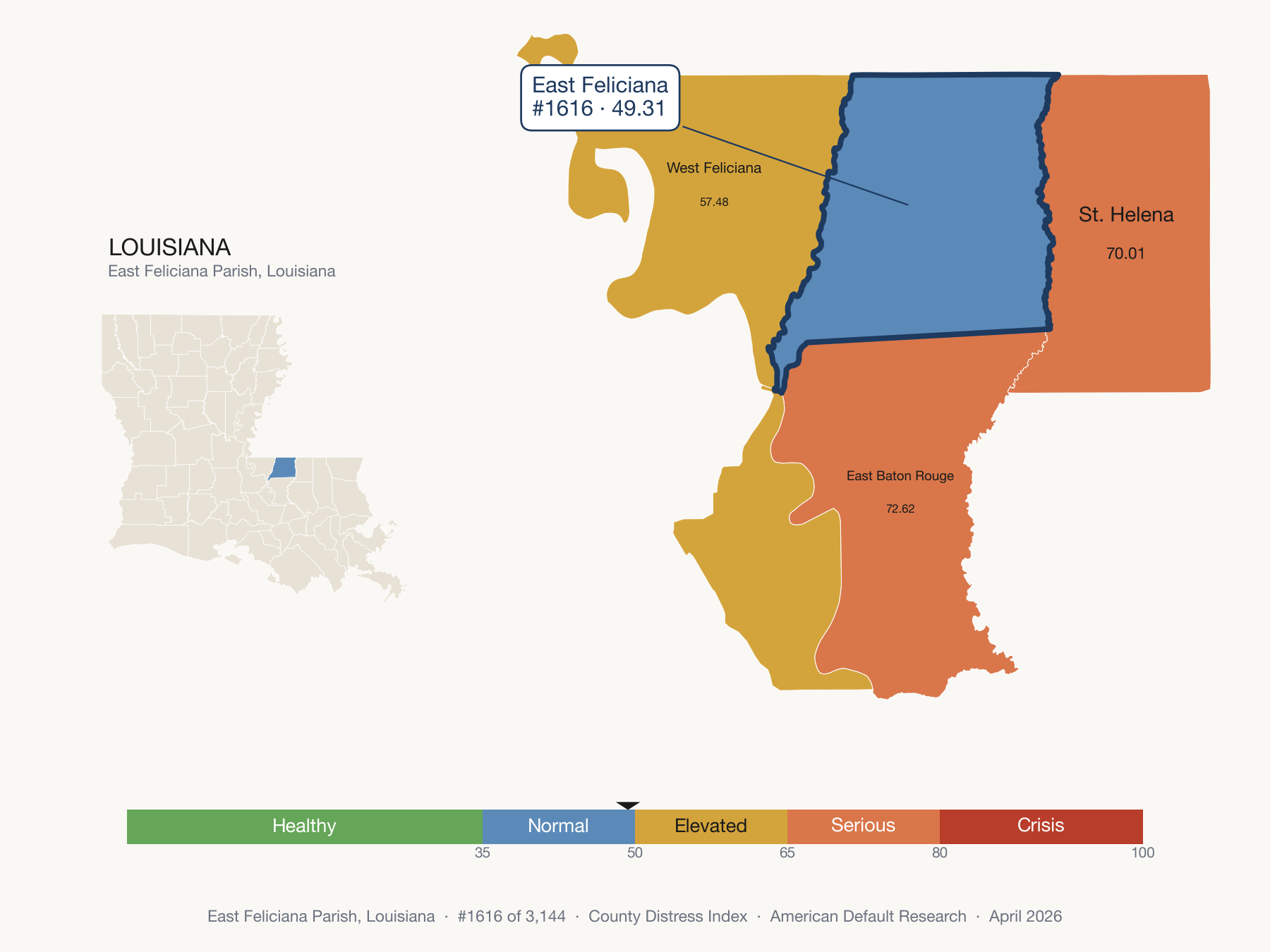 County Distress Index cluster map. East Feliciana Parish, Louisiana and its neighbors colored by distress fifth.