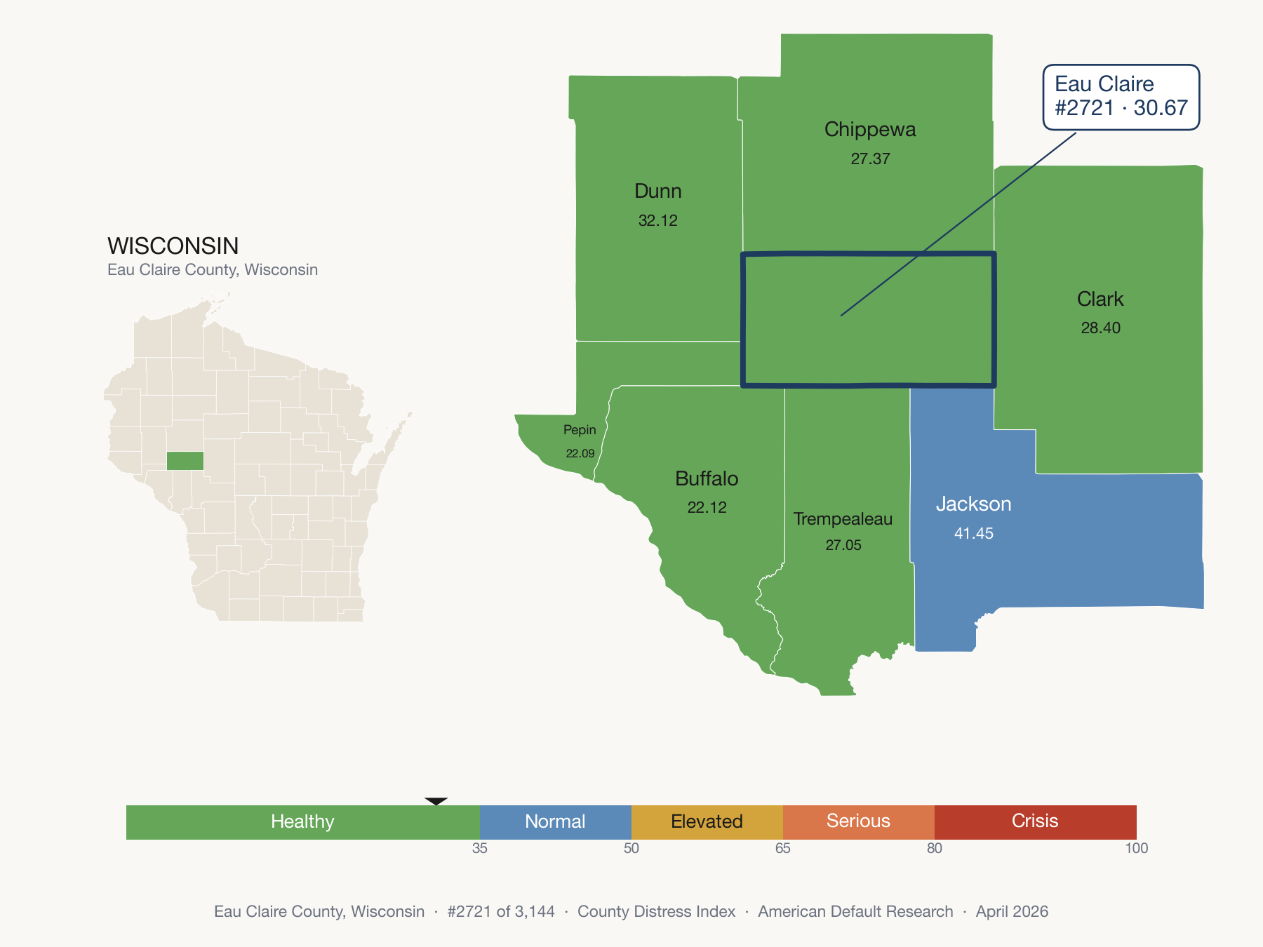 County Distress Index cluster map. Eau Claire County, Wisconsin and its neighbors colored by distress fifth.