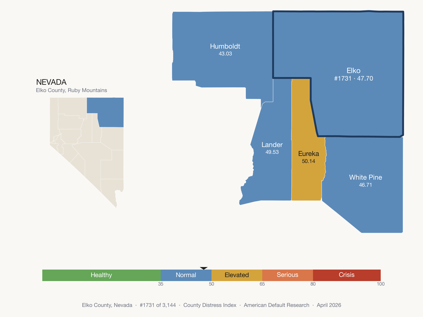 County Distress Index cluster map. Elko County, Nevada and its neighbors colored by distress fifth.