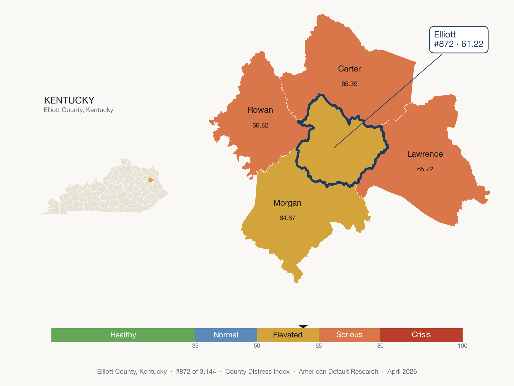County Distress Index cluster map. Elliott County, Kentucky and its neighbors colored by distress fifth.