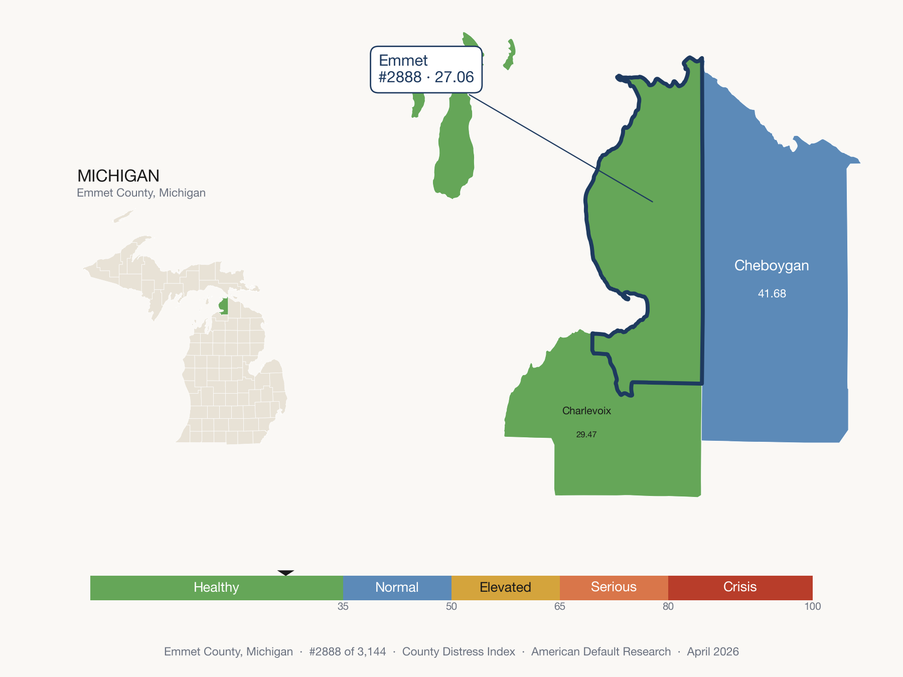 County Distress Index cluster map. Emmet County, Michigan and its neighbors colored by distress zone.