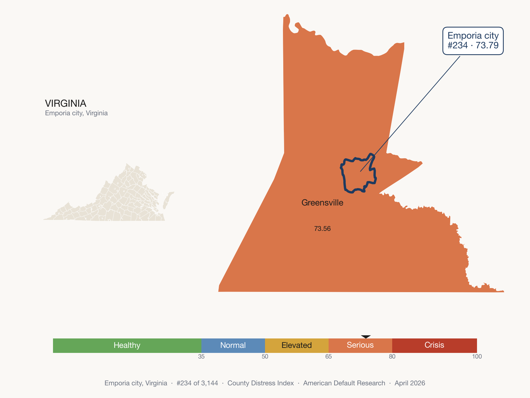 County Distress Index cluster map. Emporia city, Virginia and its neighbors colored by distress fifth.