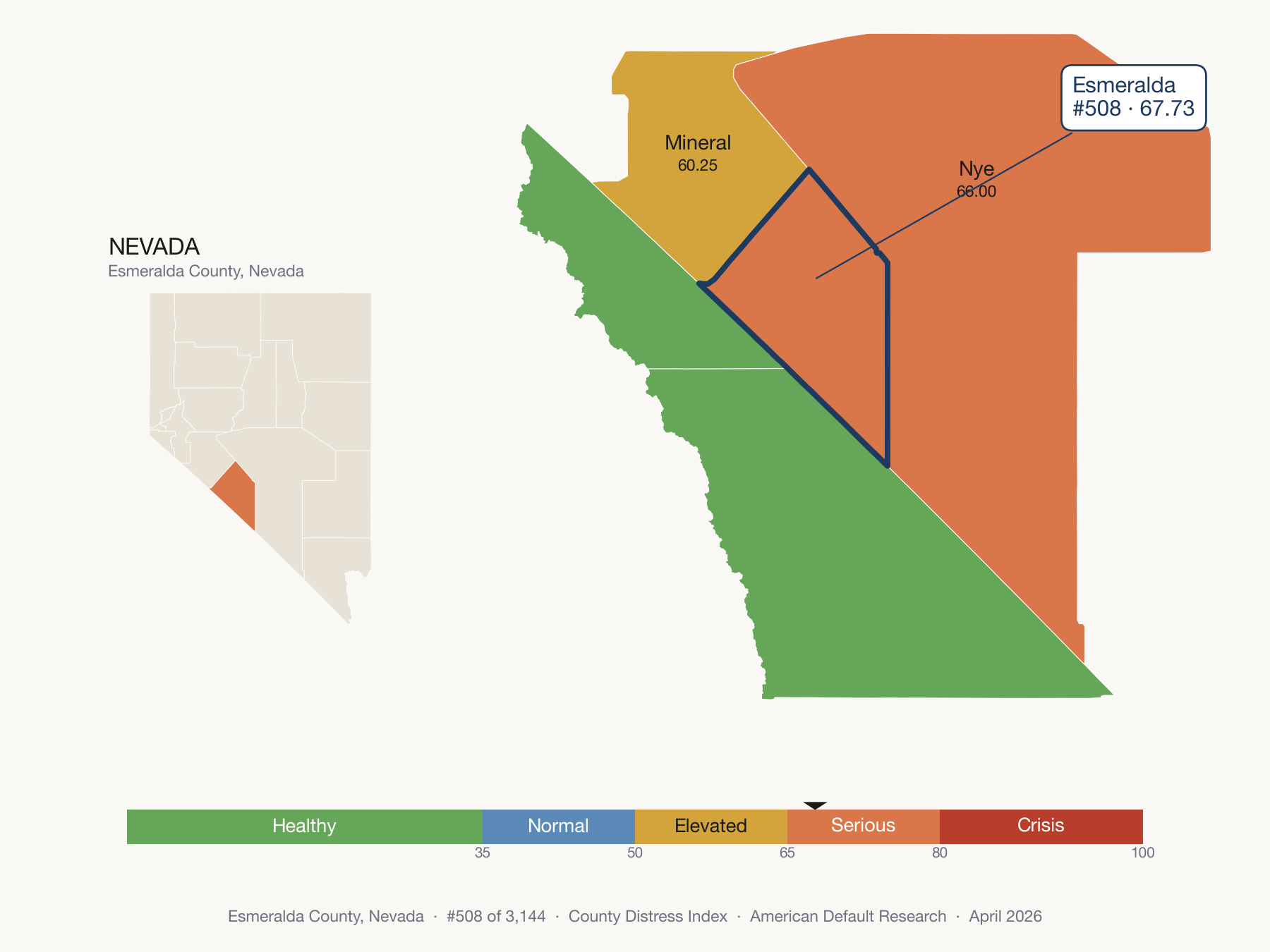 County Distress Index cluster map. Esmeralda County, Nevada and its neighbors colored by distress fifth.