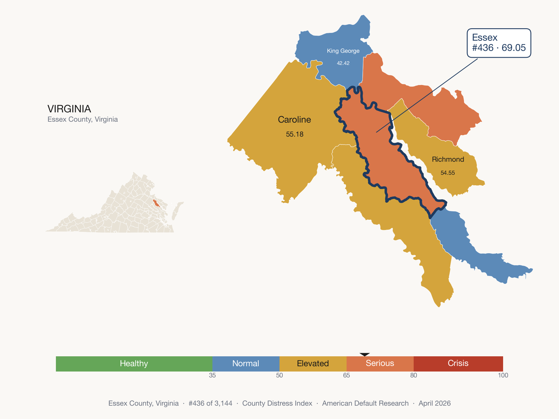 County Distress Index cluster map. Essex County, Virginia and its neighbors colored by distress fifth.