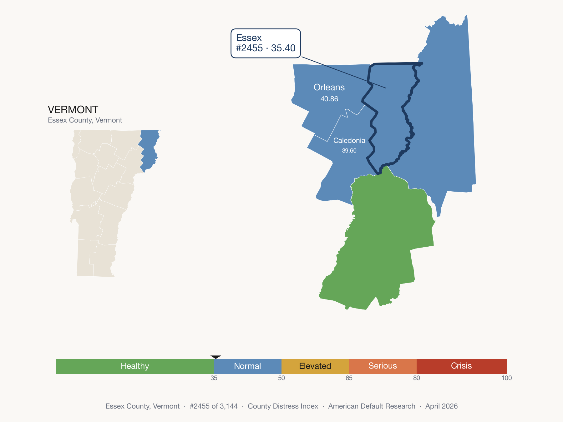 County Distress Index cluster map. Essex County, Vermont and its neighbors colored by distress zone.