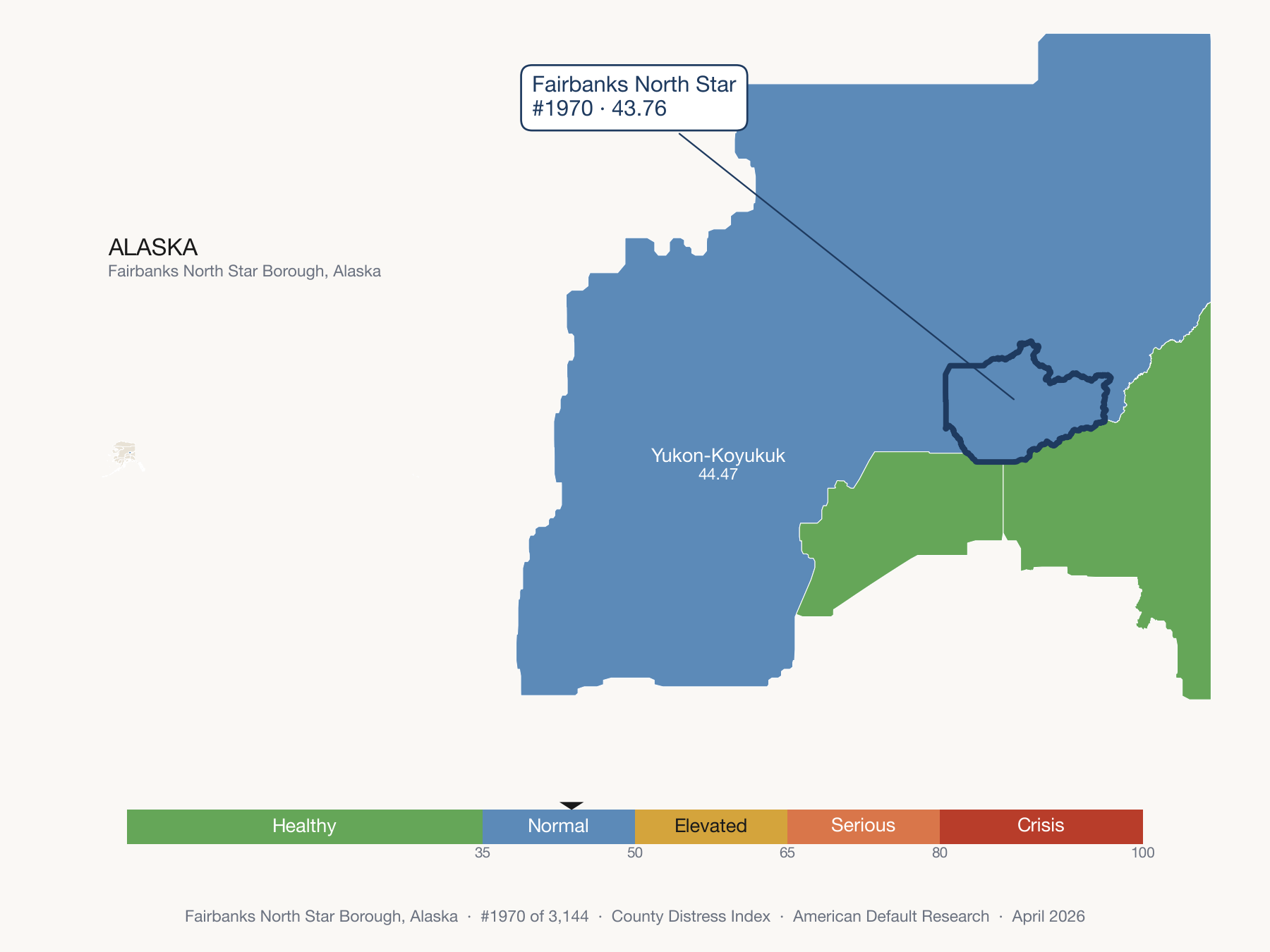 County Distress Index cluster map. Fairbanks North Star Borough, Alaska and its neighbors colored by distress fifth.