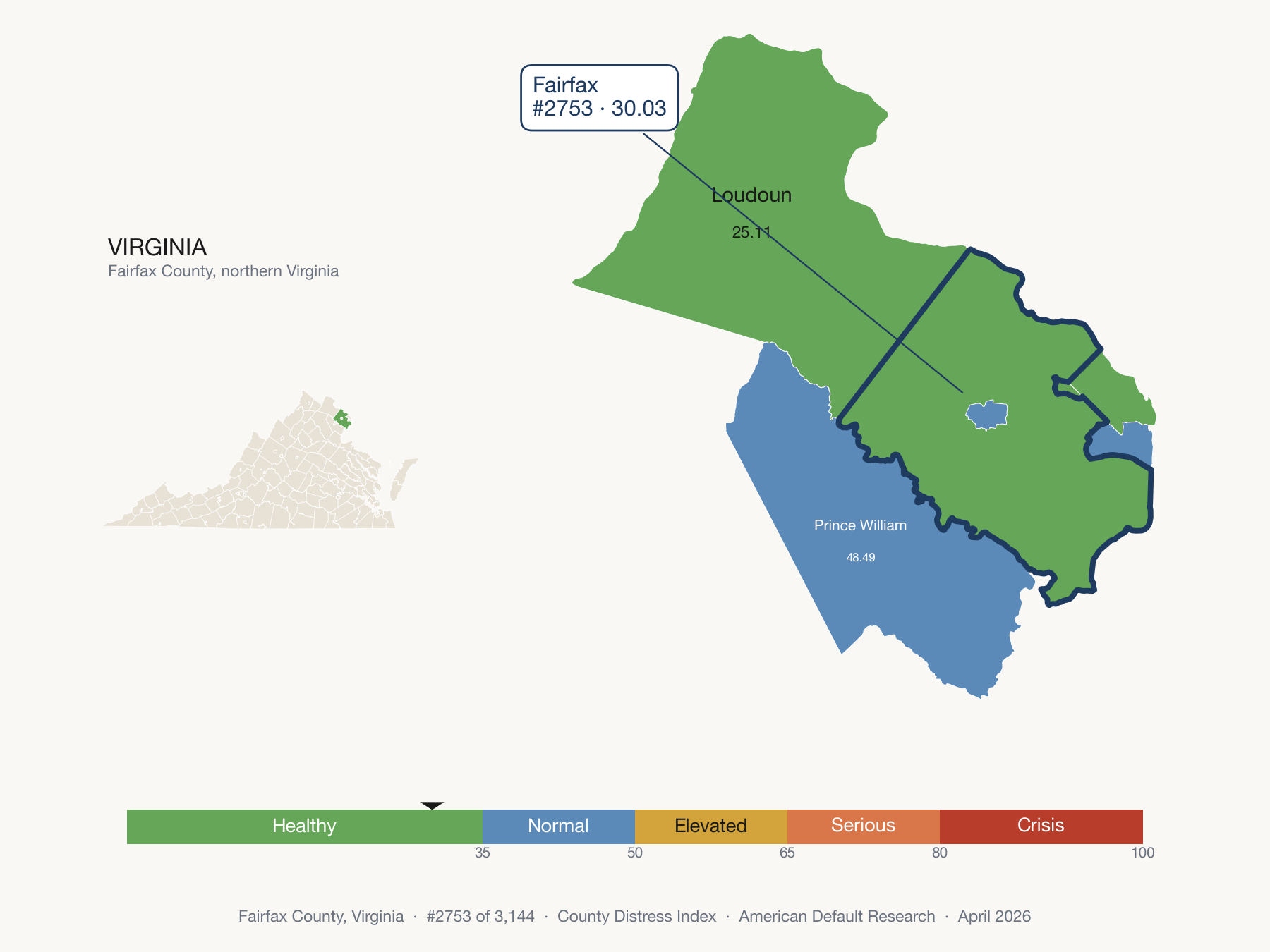 County Distress Index cluster map. Fairfax County, Virginia and its neighbors colored by distress zone.