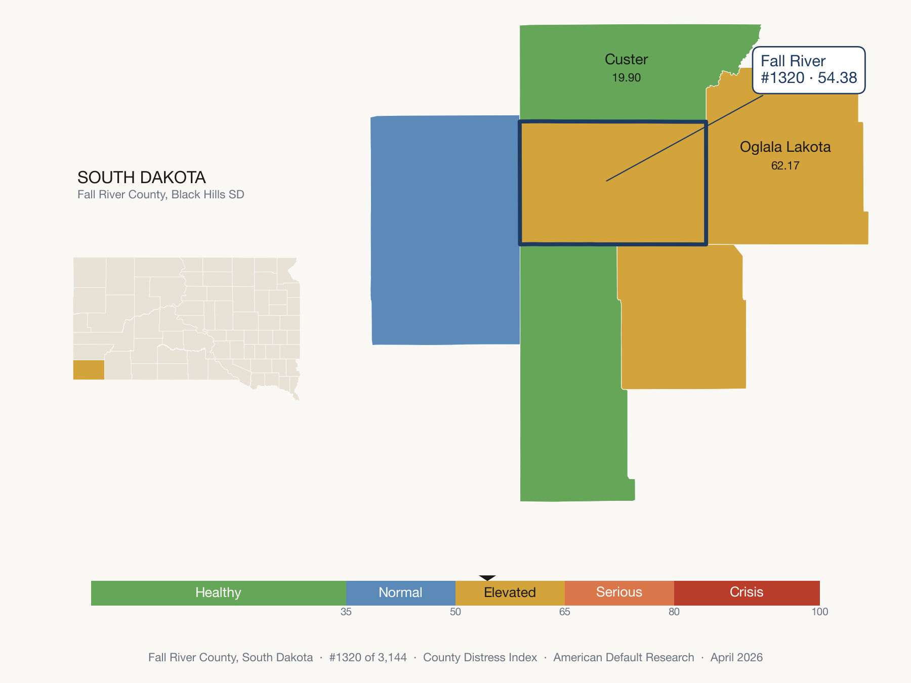 County Distress Index cluster map. Fall River County, South Dakota and its neighbors colored by distress zone.