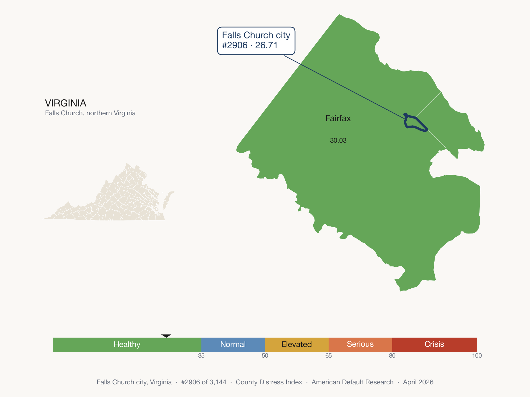 County Distress Index cluster map. Falls Church city, Virginia and its neighbors colored by distress zone.
