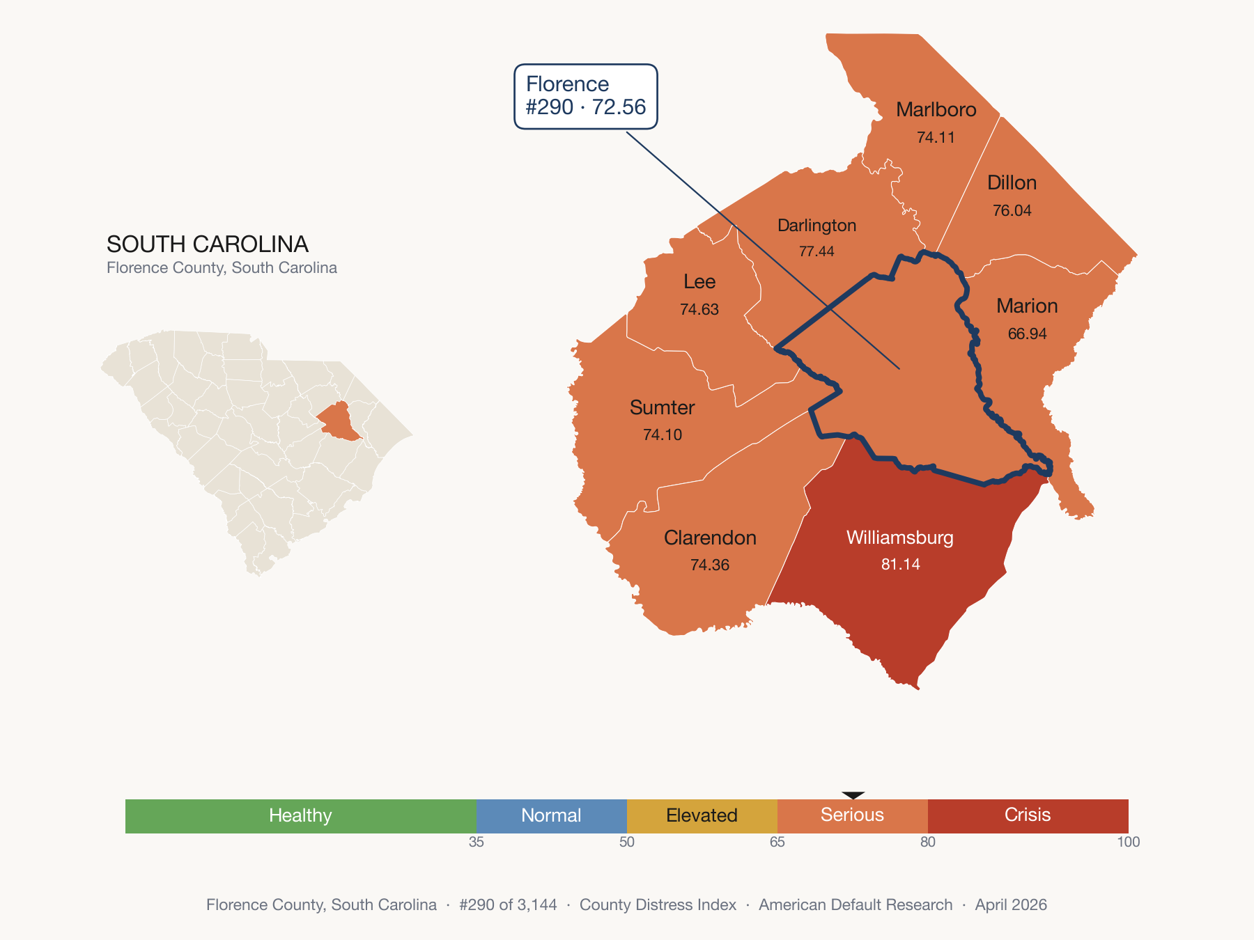 County Distress Index cluster map. Florence County, South Carolina and its neighbors colored by distress fifth.