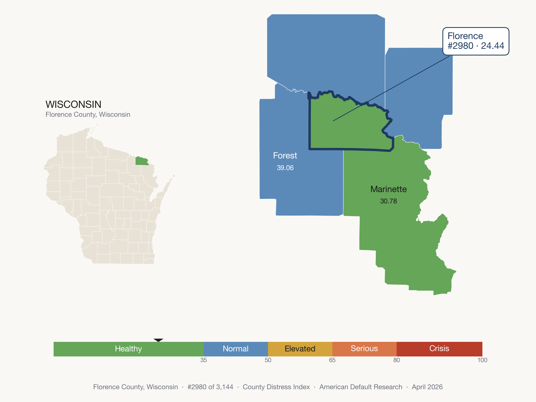 County Distress Index cluster map. Florence County, Wisconsin and its neighbors colored by distress zone.