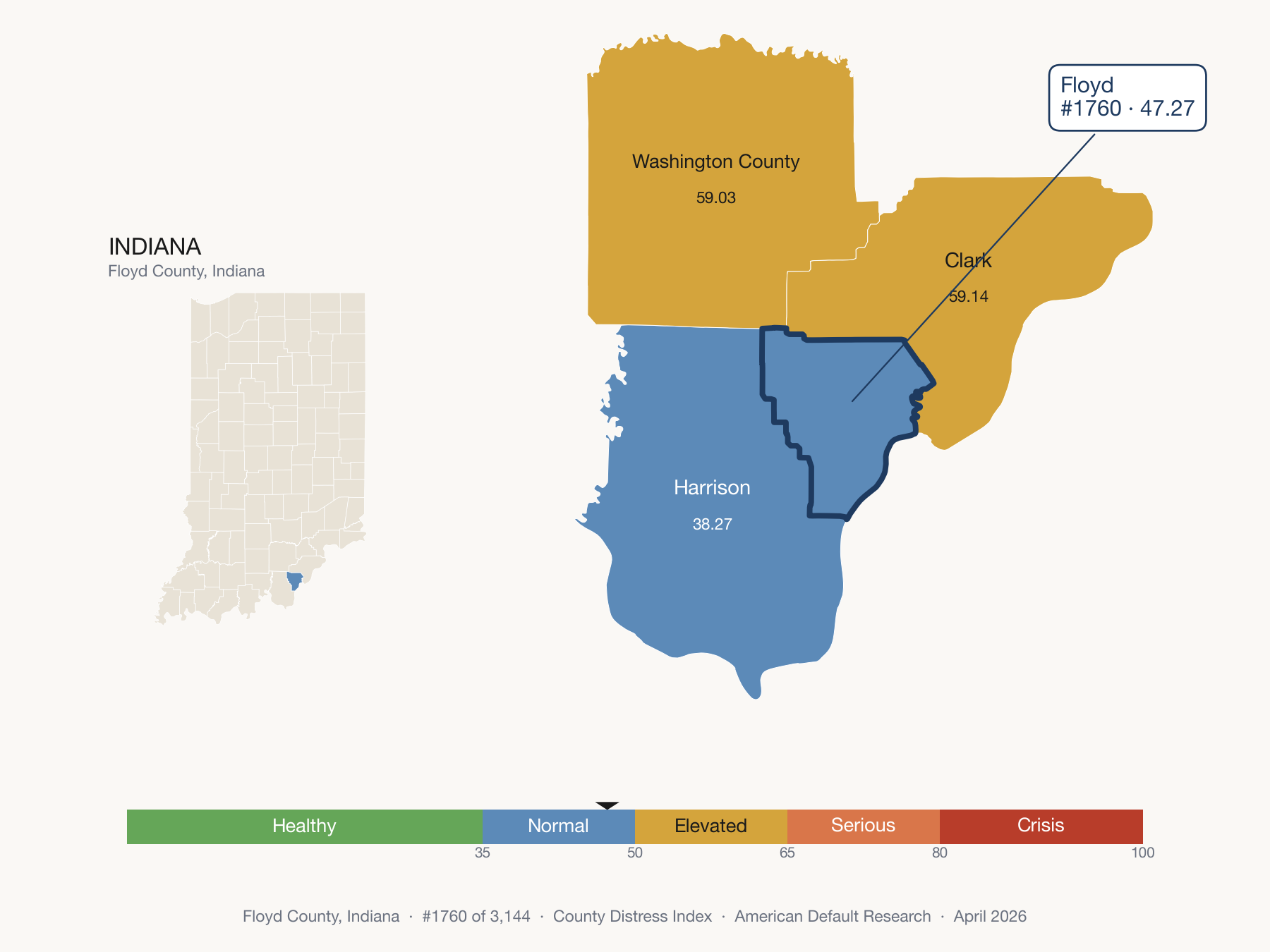 County Distress Index cluster map. Floyd County, Indiana and its neighbors colored by distress fifth.