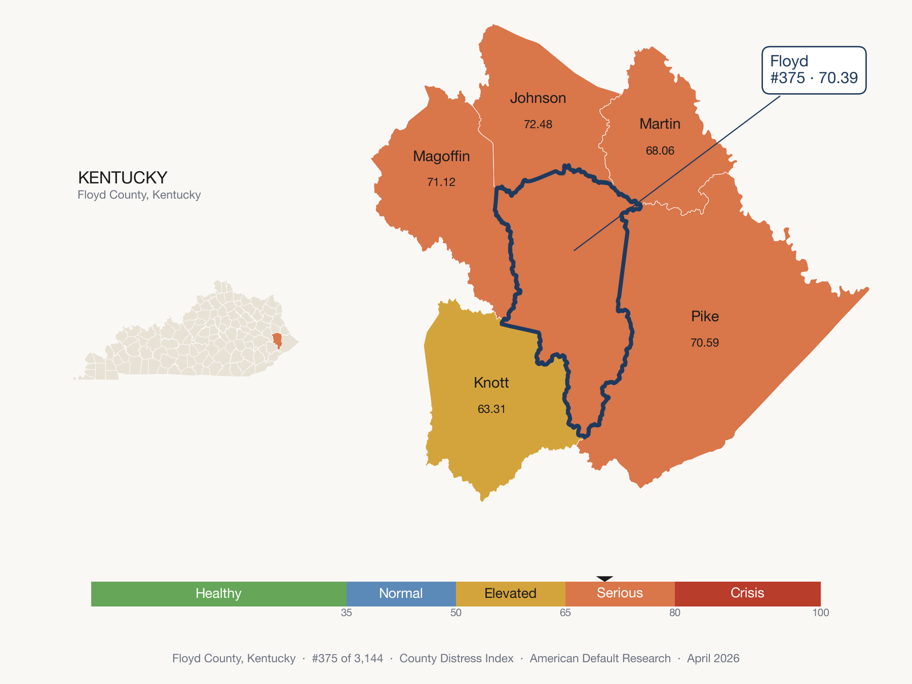 County Distress Index cluster map. Floyd County, Kentucky and its neighbors colored by distress fifth.
