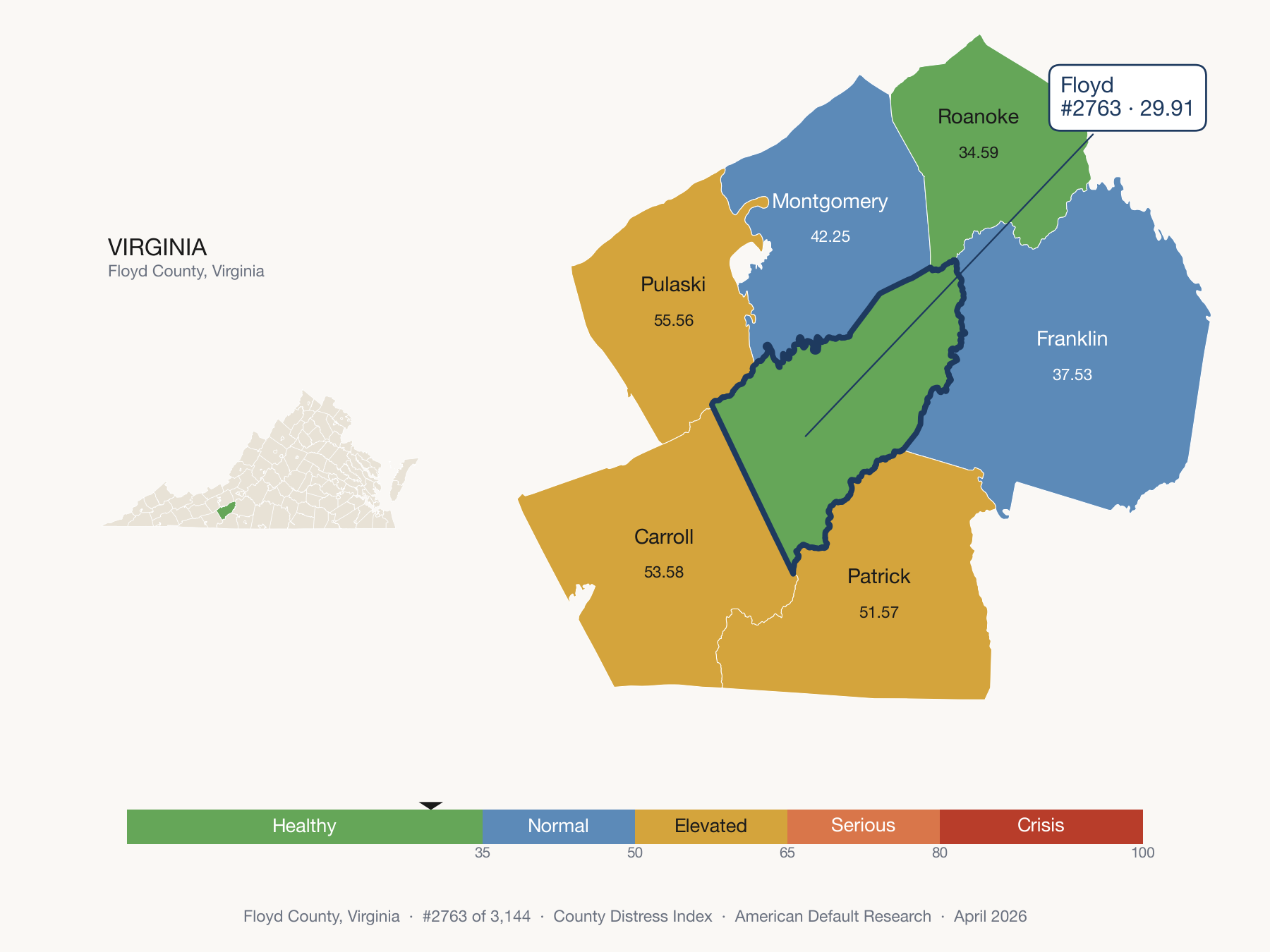County Distress Index cluster map. Floyd County, Virginia and its neighbors colored by distress fifth.