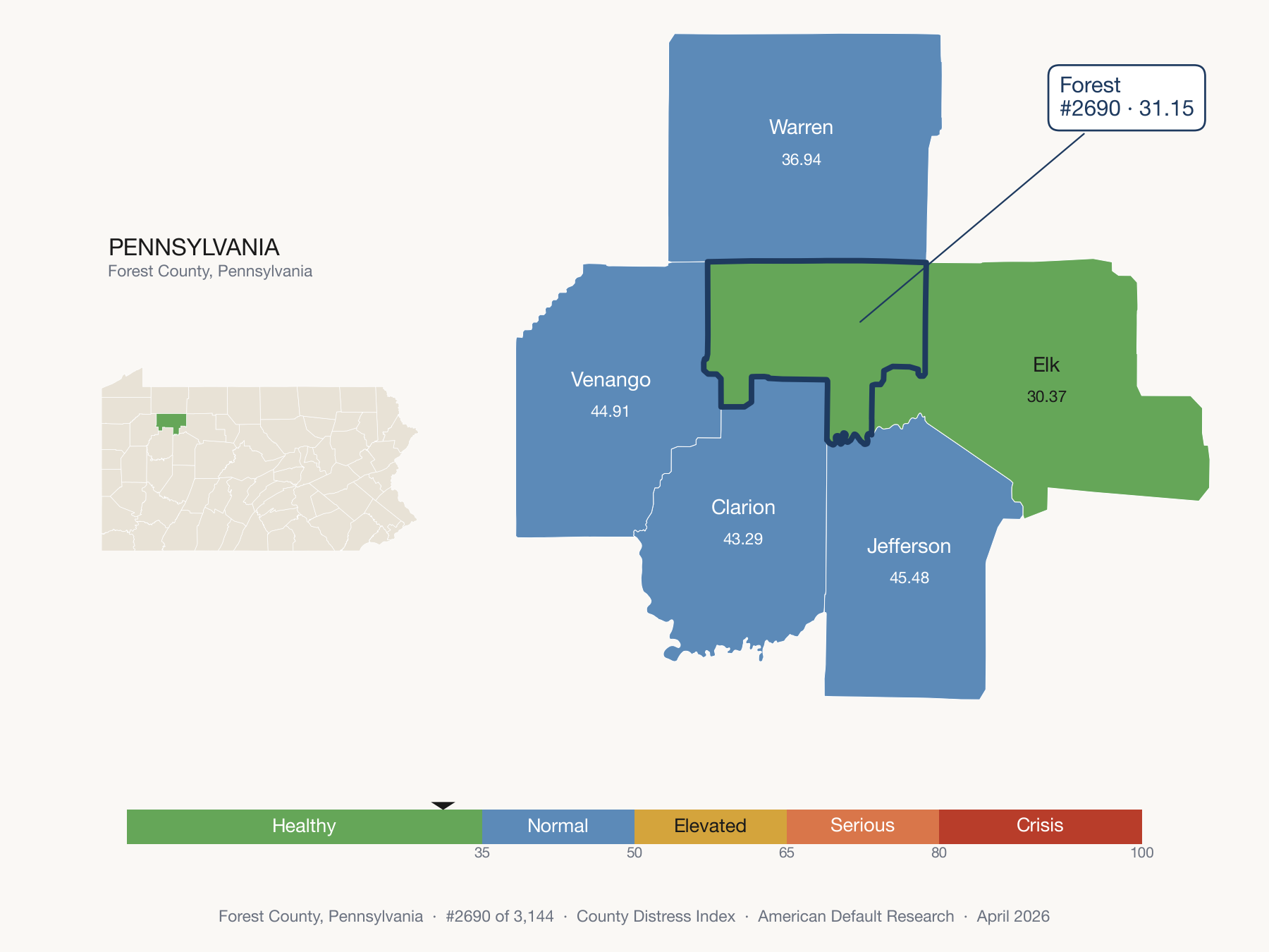 County Distress Index cluster map. Forest County, Pennsylvania and its neighbors colored by distress fifth.