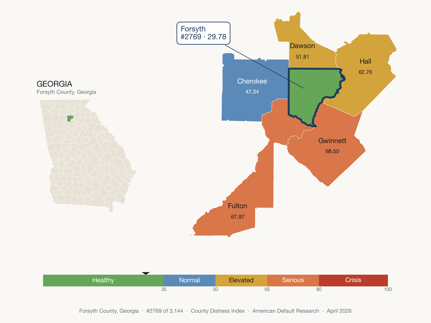 County Distress Index cluster map. Forsyth County, Georgia and its neighbors colored by distress fifth.