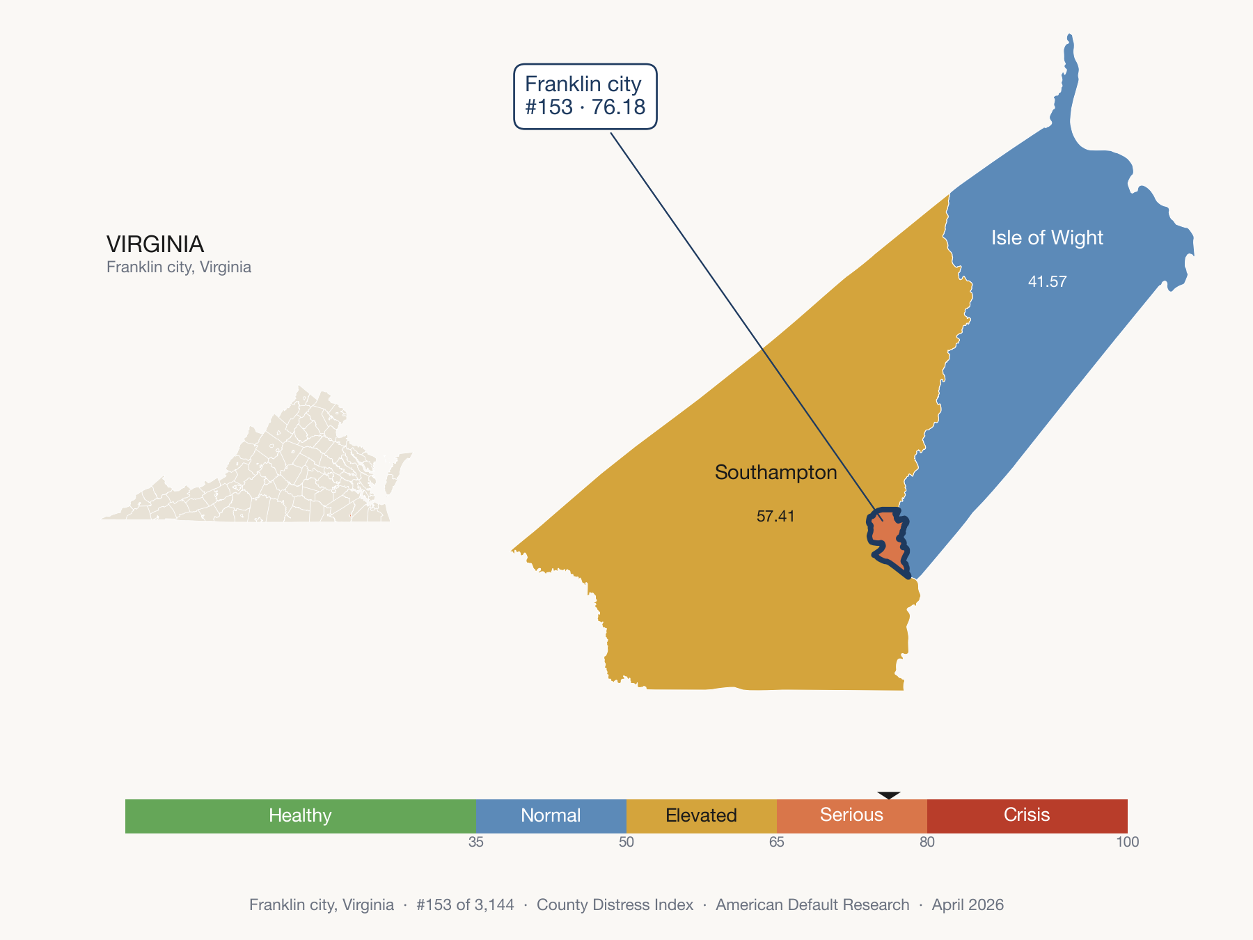 County Distress Index cluster map. Franklin city, Virginia and its neighbors colored by distress fifth.