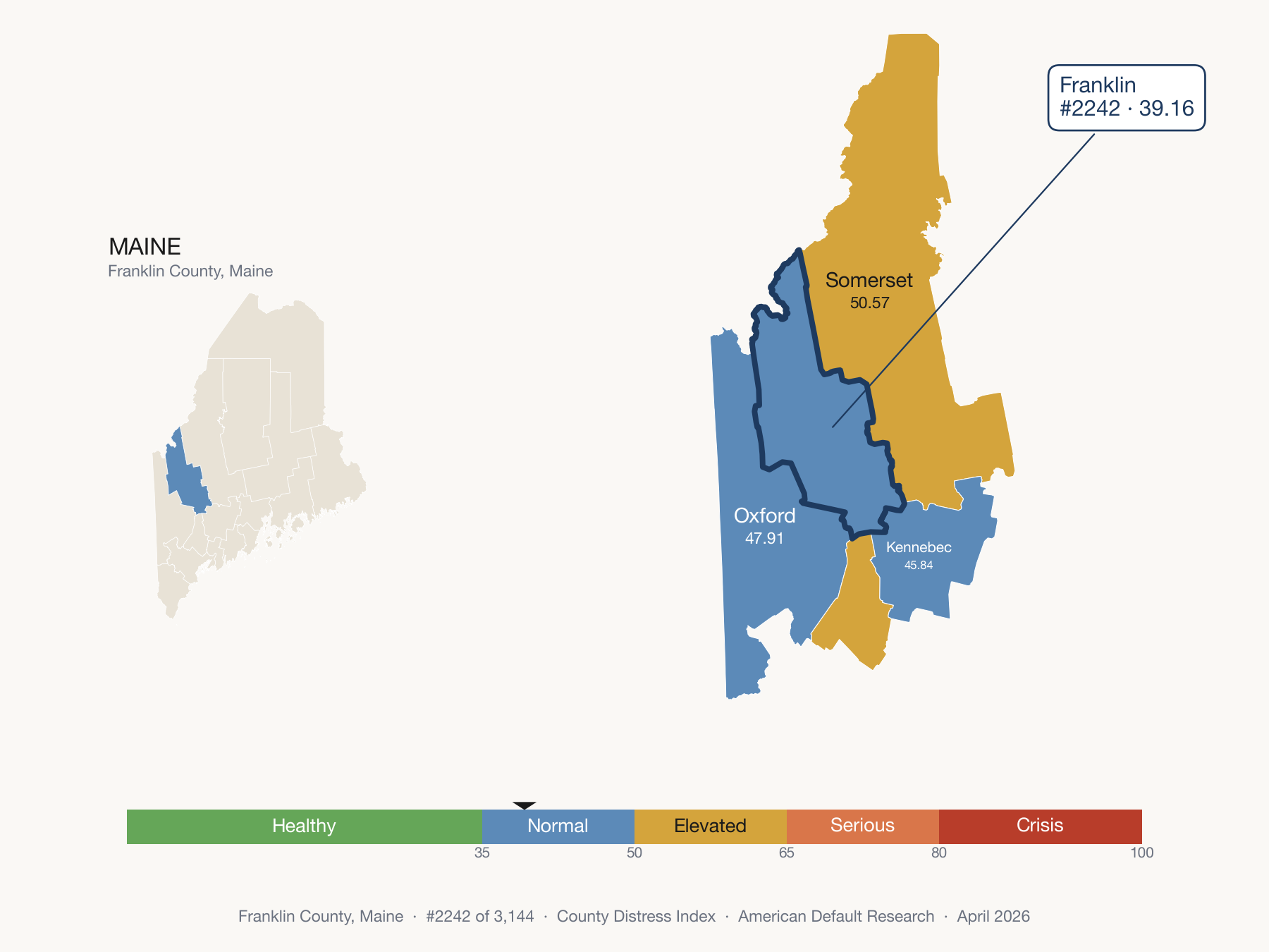County Distress Index cluster map. Franklin County, Maine and its neighbors colored by distress fifth.
