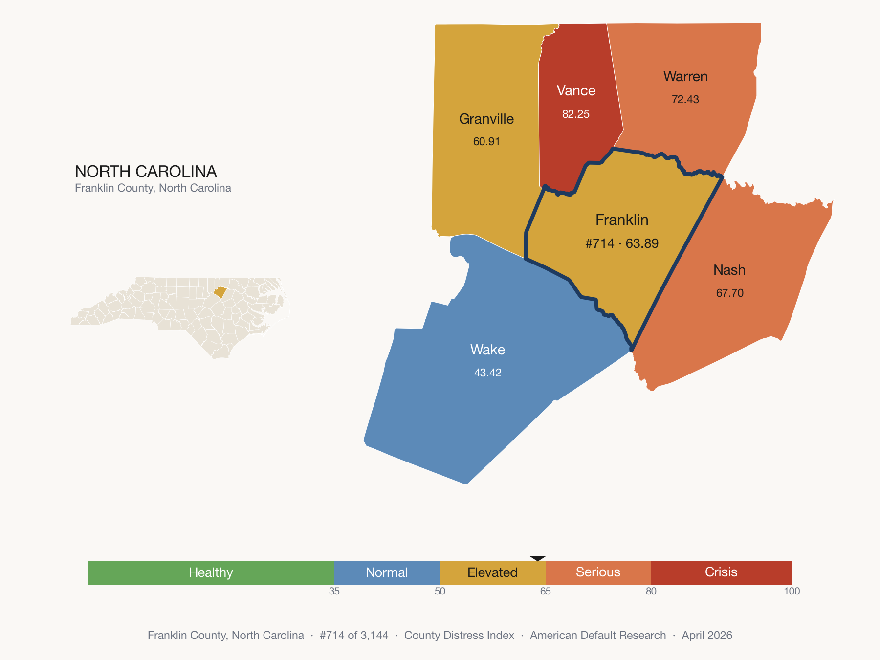 County Distress Index cluster map. Franklin County, North Carolina and its neighbors colored by distress fifth.